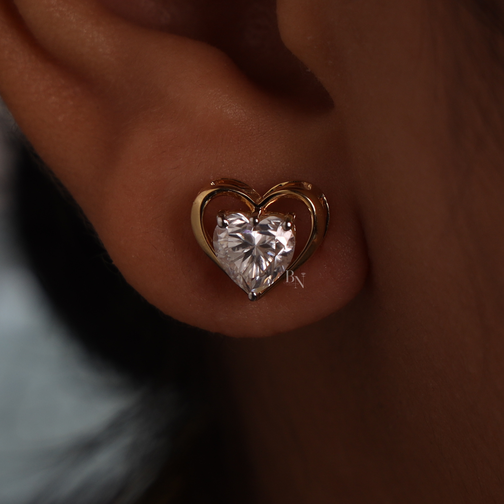 2ctw Heart Cut Lab Diamond Stud Earrings | Romantic Gold Heart Frame Studs | Ethical Fine Jewelry | Luxury Anniversary Gift |
