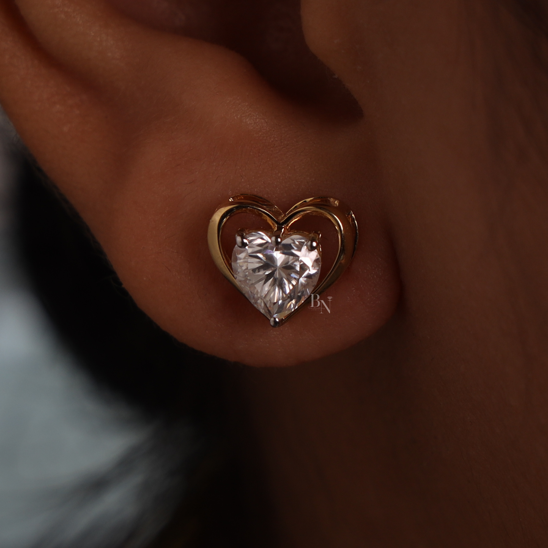 2ctw Heart Cut Lab Grown Diamond Stud Earrings | Romantic Gold Heart Frame Studs 14K Gold