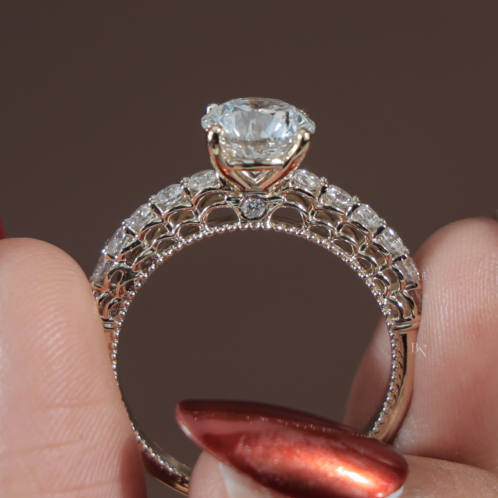 2ct Round Brilliant Lab Grown Diamond Engagement Ring | 14K Rose Gold Filigree Gallery | Pavé Diamond Band | Milgrain Vintage Bridal Ring