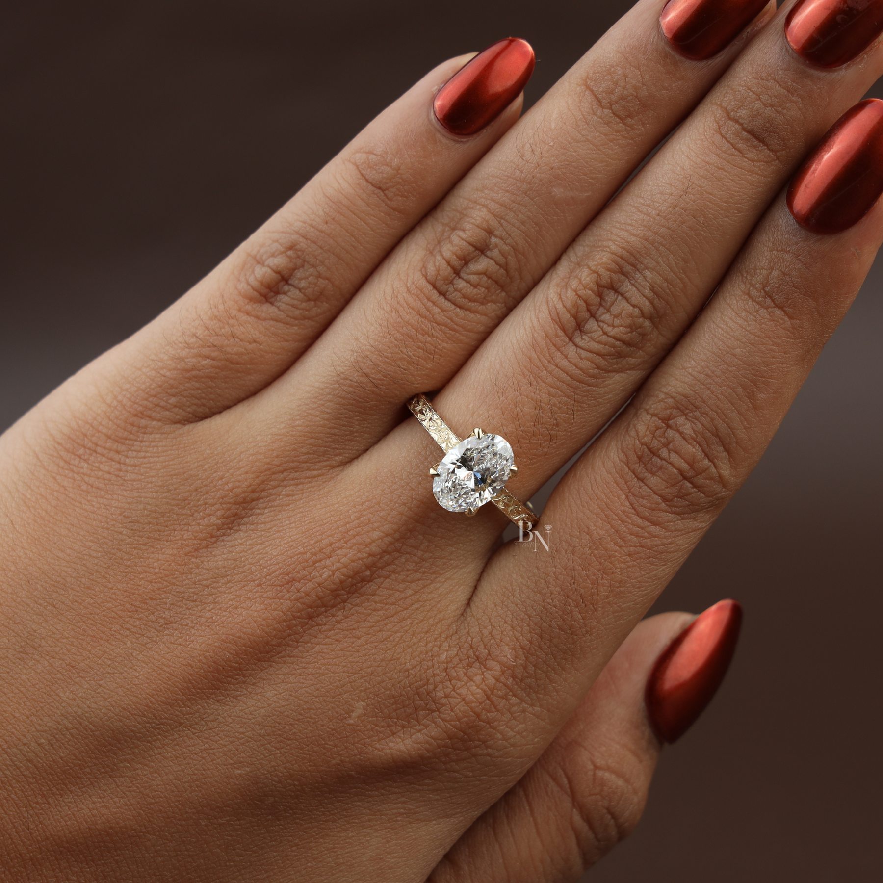 2ct Oval Lab Grown Diamond Engagement Ring | Vintage Hand Engraved Hidden Halo 14K Yellow Gold