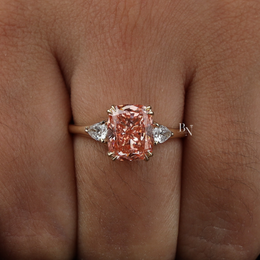 3ct Fancy Pink Cushion Lab Grown Diamond Engagement Ring | Three Stone Pear Side Stones 14K Gold