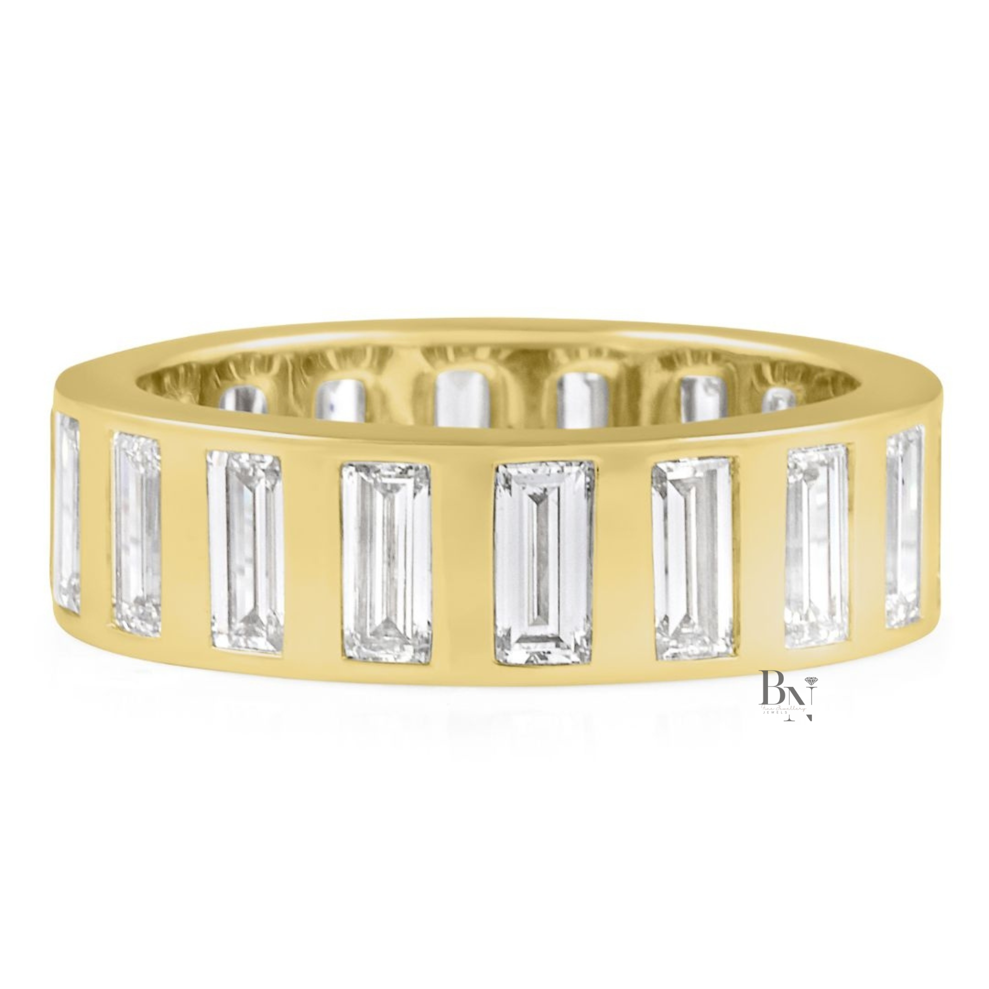 4CTW Baguette Lab Diamond Mens Wedding Band, Wide 6.6mm Flush Set Eternity Ring, 14K Gold Statement Band