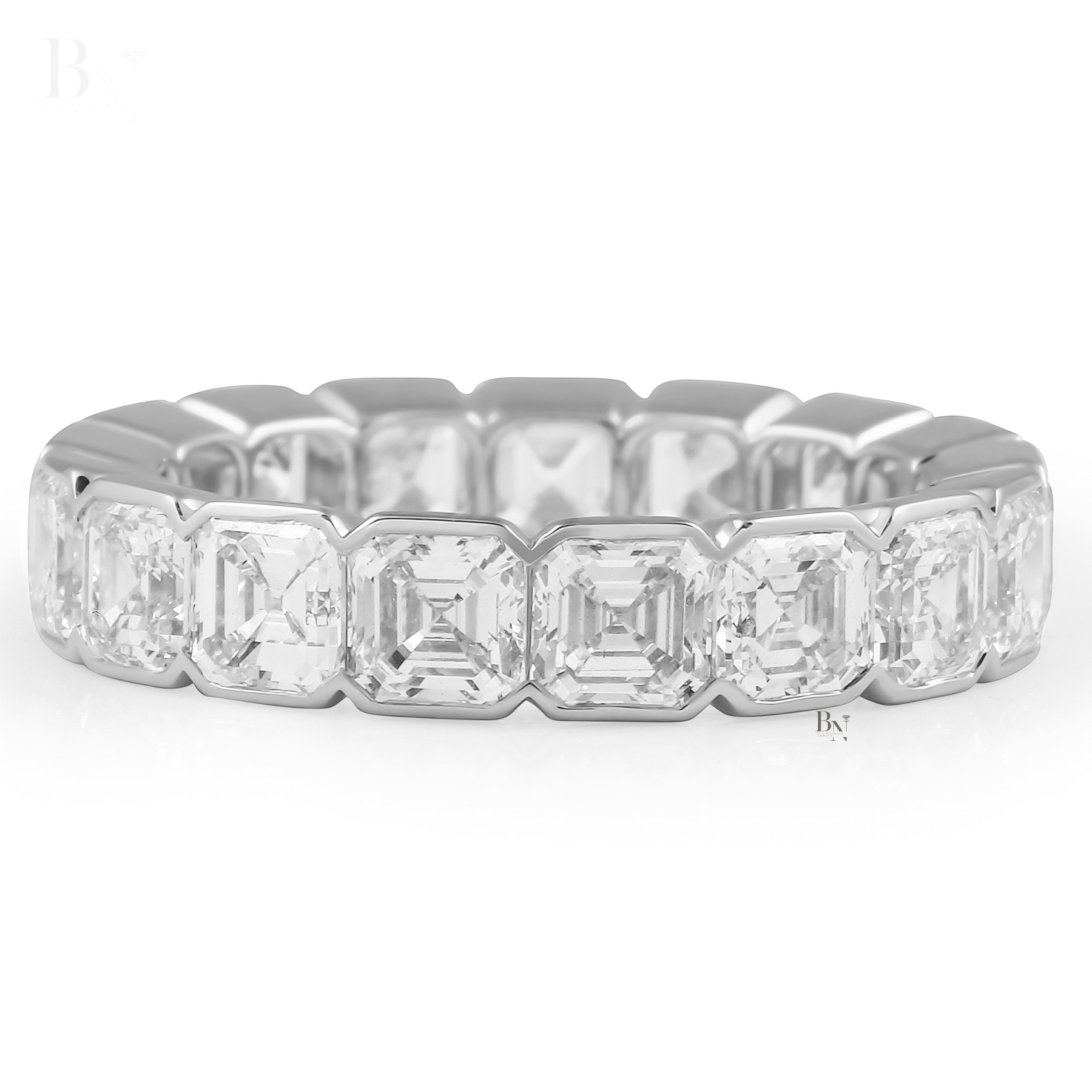 Asscher Cut Lab Diamond Eternity Band, 5.30 CTW Bezel Set Wedding Ring, 14K Gold