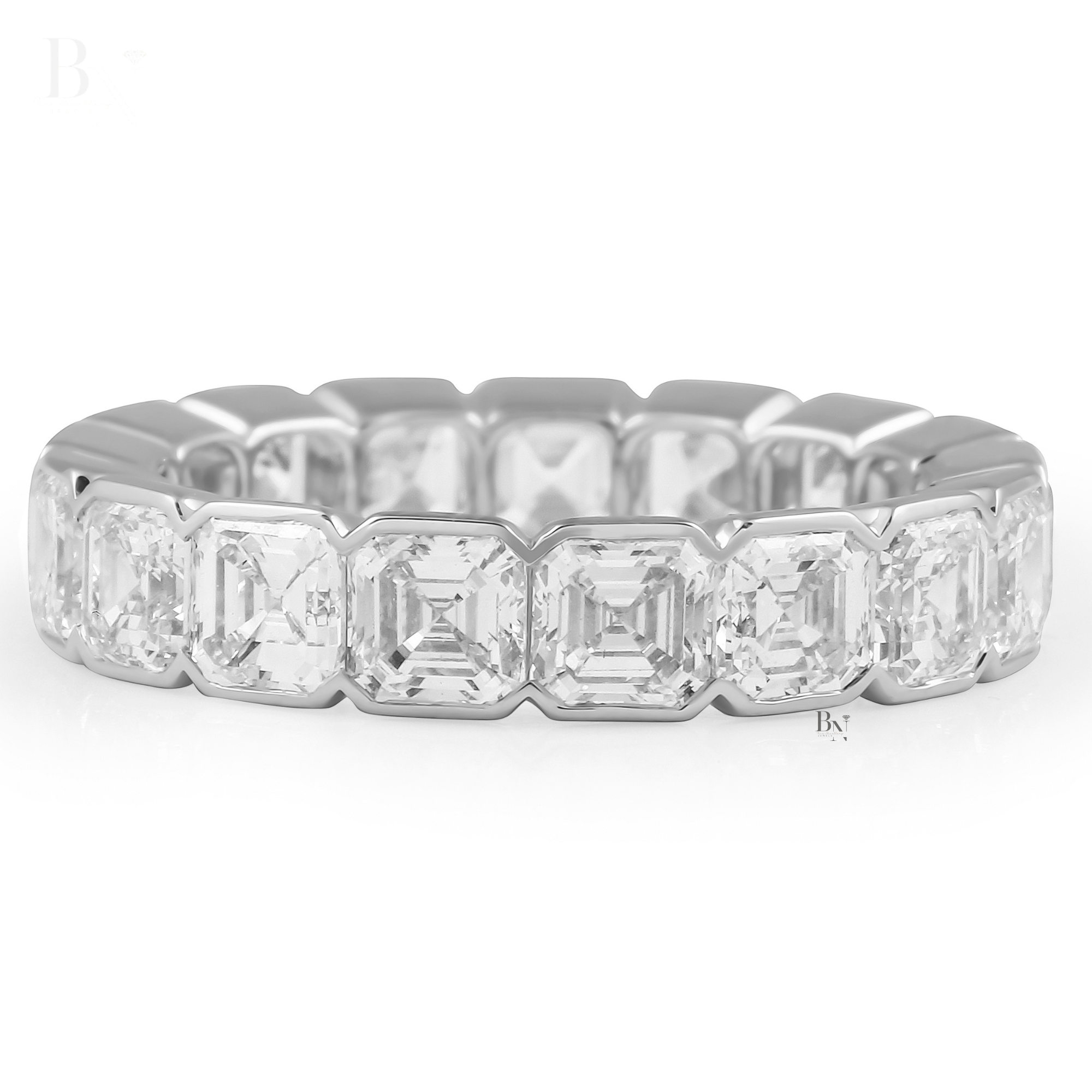 Asscher Cut Lab Diamond Eternity Band, 5.30 CTW Bezel Set Wedding Ring, 14K Gold