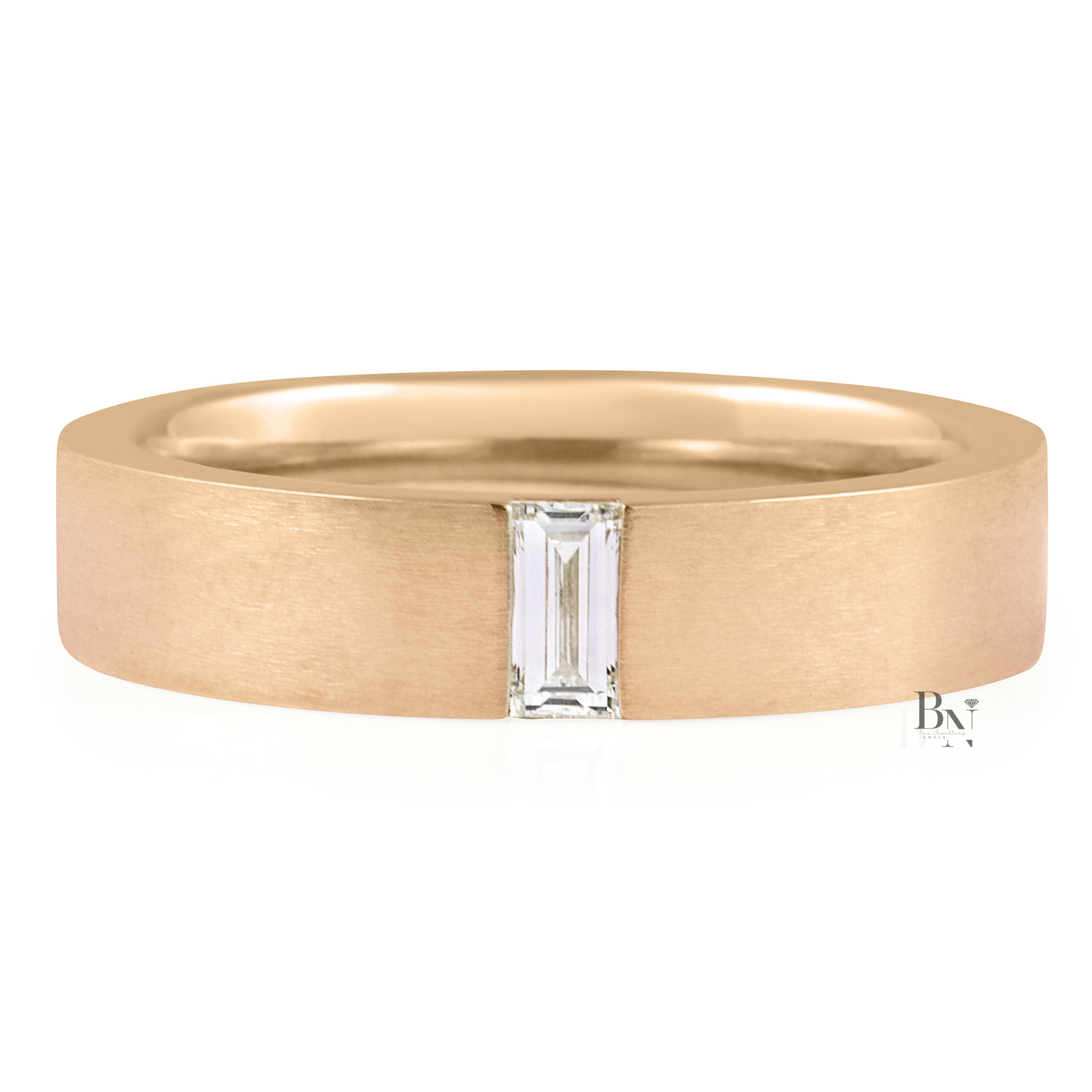 14K Gold Mens Lab Diamond Wedding Band, Matte Baguette Flush Set Ring, 5.2mm Minimalist Anniversary Band