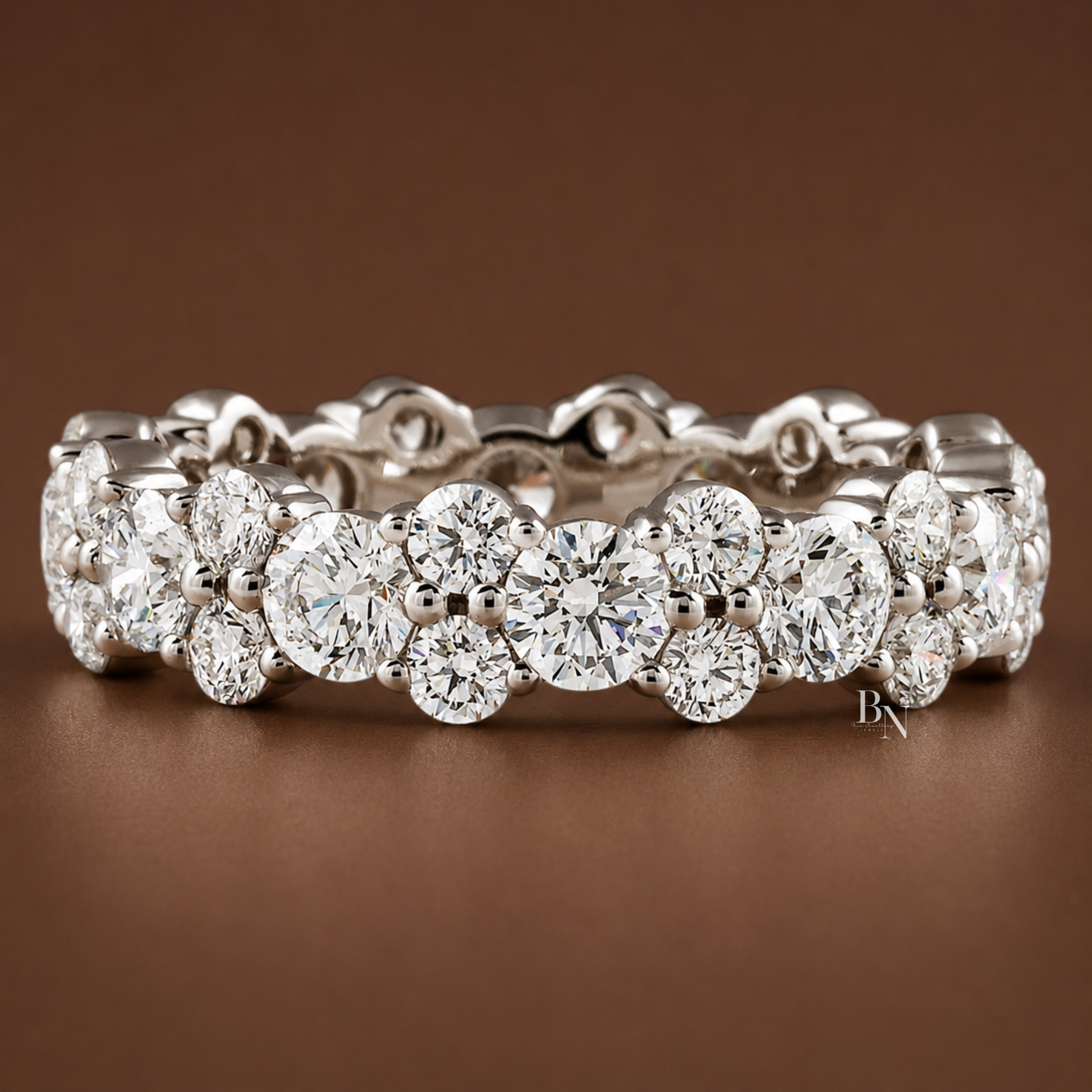 2.85ct Lab Grown Diamond Eternity Band, 14K Gold Cluster Wedding Ring, 4.9mm Alternating Bubble Stacking Ring