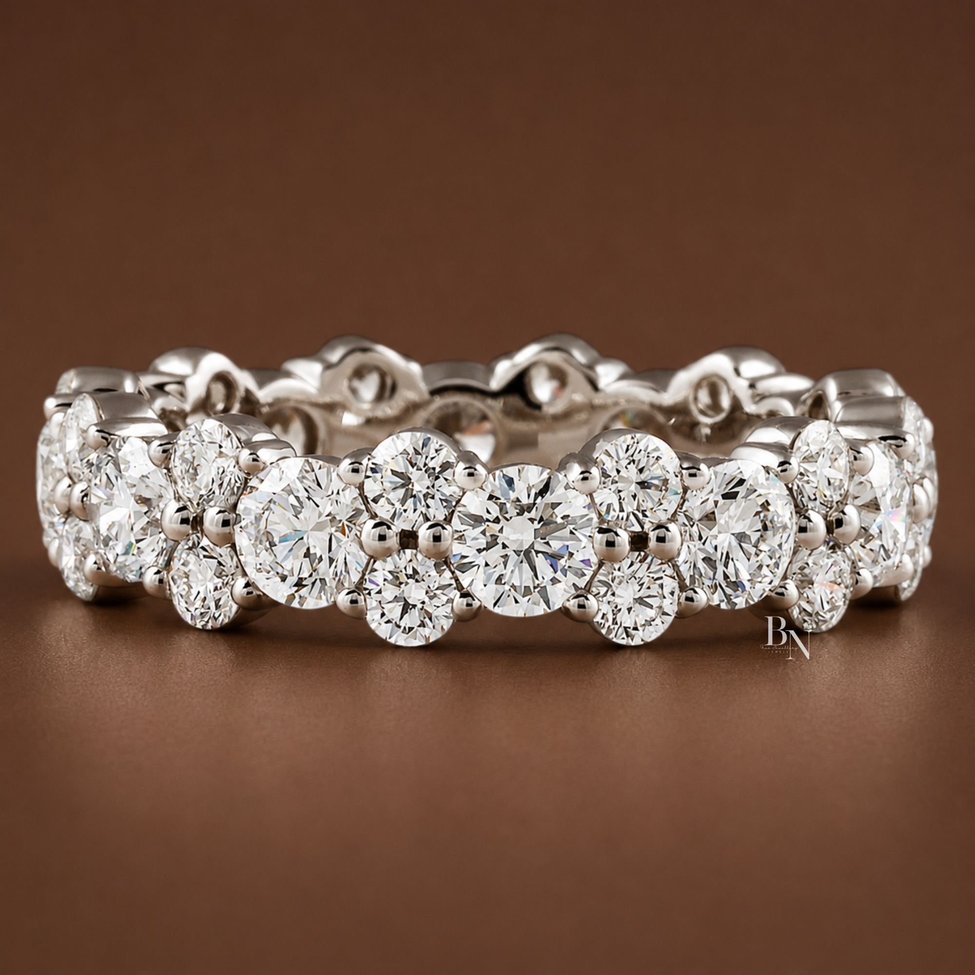2.85ct Lab Grown Diamond Eternity Band, 14K Gold Cluster Wedding Ring, 4.9mm Alternating Bubble Stacking Ring