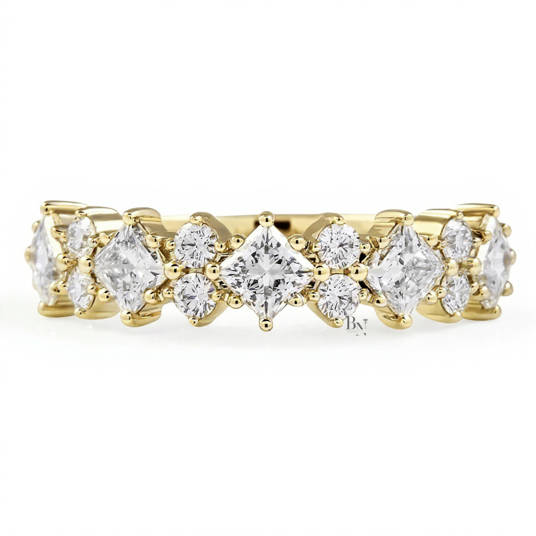 Princess Cut Lab Diamond Wedding Band, Alternating Compass Set Ring, 1.4CTW Halfway Pave Band, 5.3mm Wide