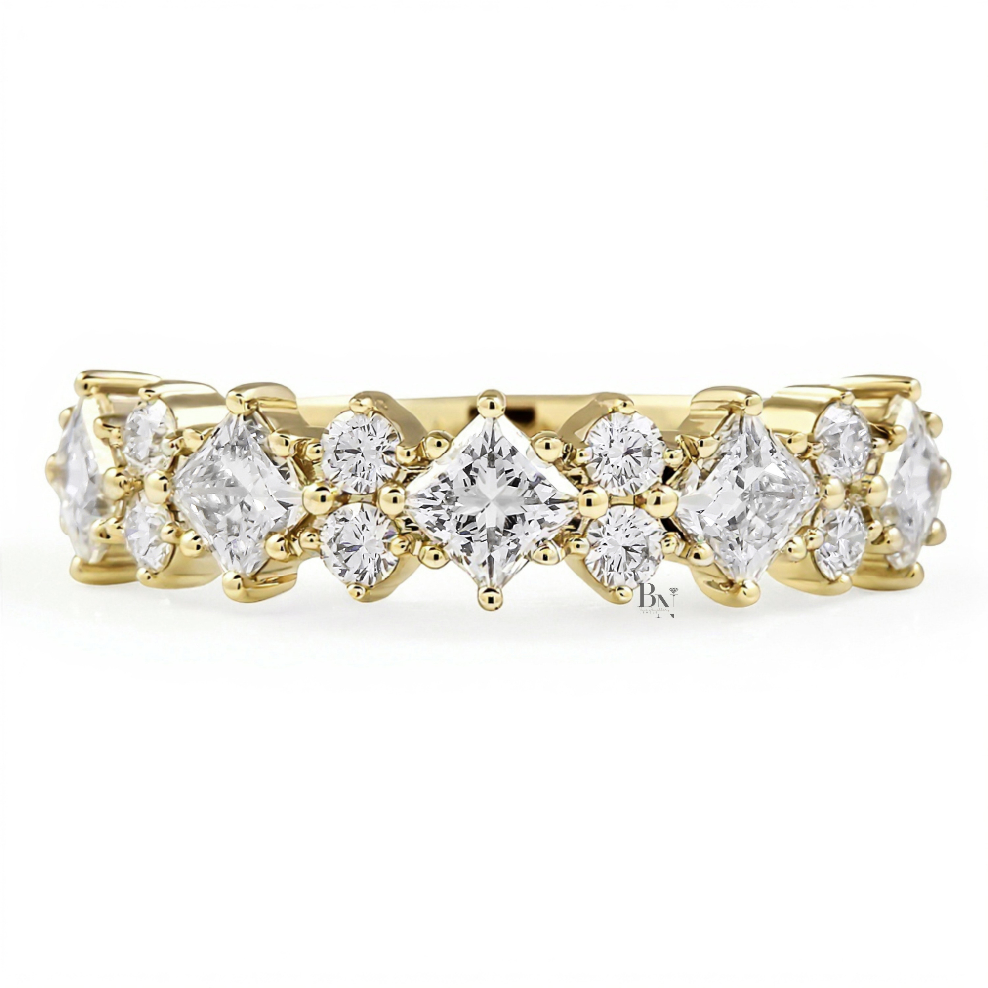Princess Cut Lab Diamond Wedding Band, Alternating Compass Set Ring, 1.4CTW Halfway Pave Band, 5.3mm Wide