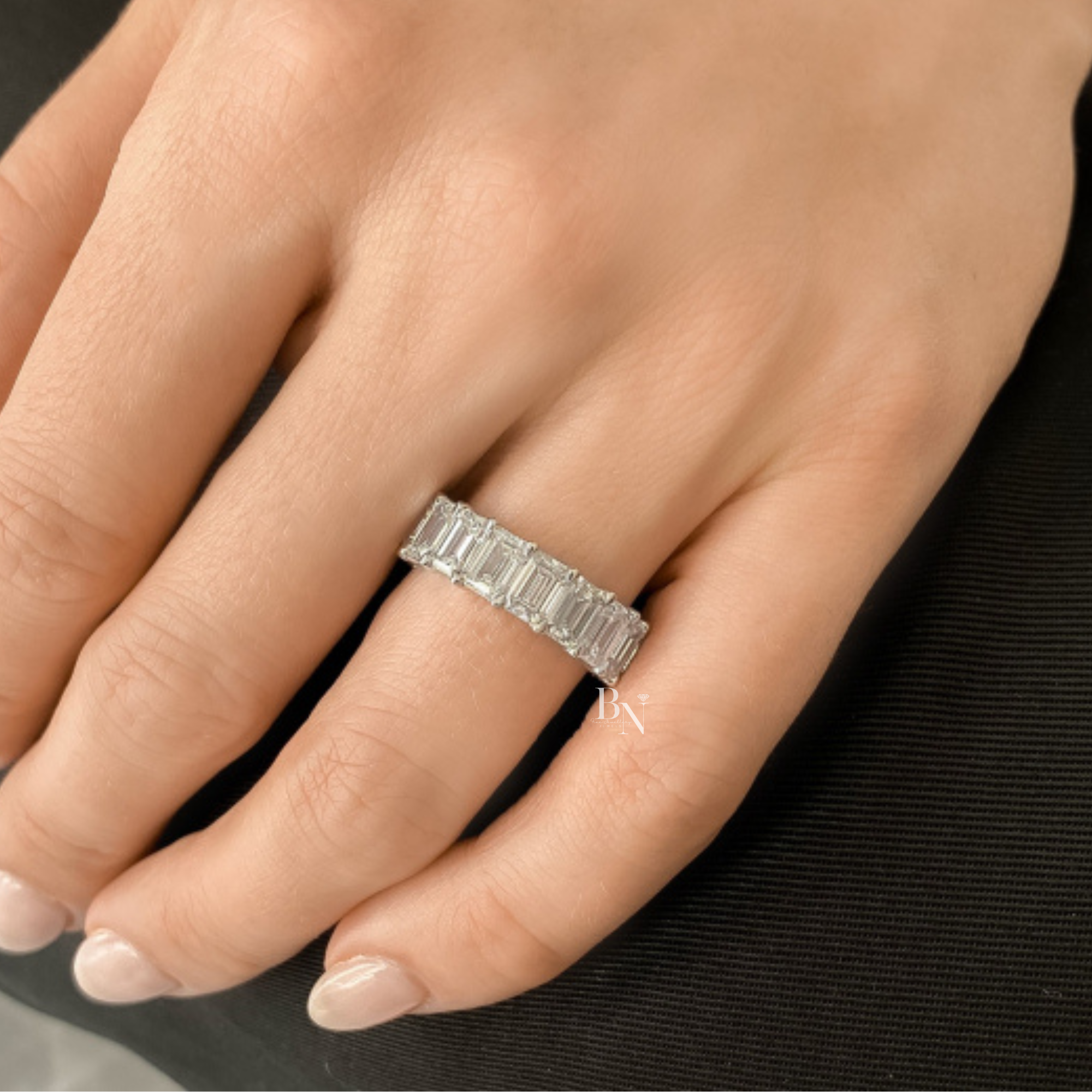 8CT Emerald Cut Eternity Band, Lab Grown Diamond Wedding Ring, Low Profile Closed Basket Anniversary Band