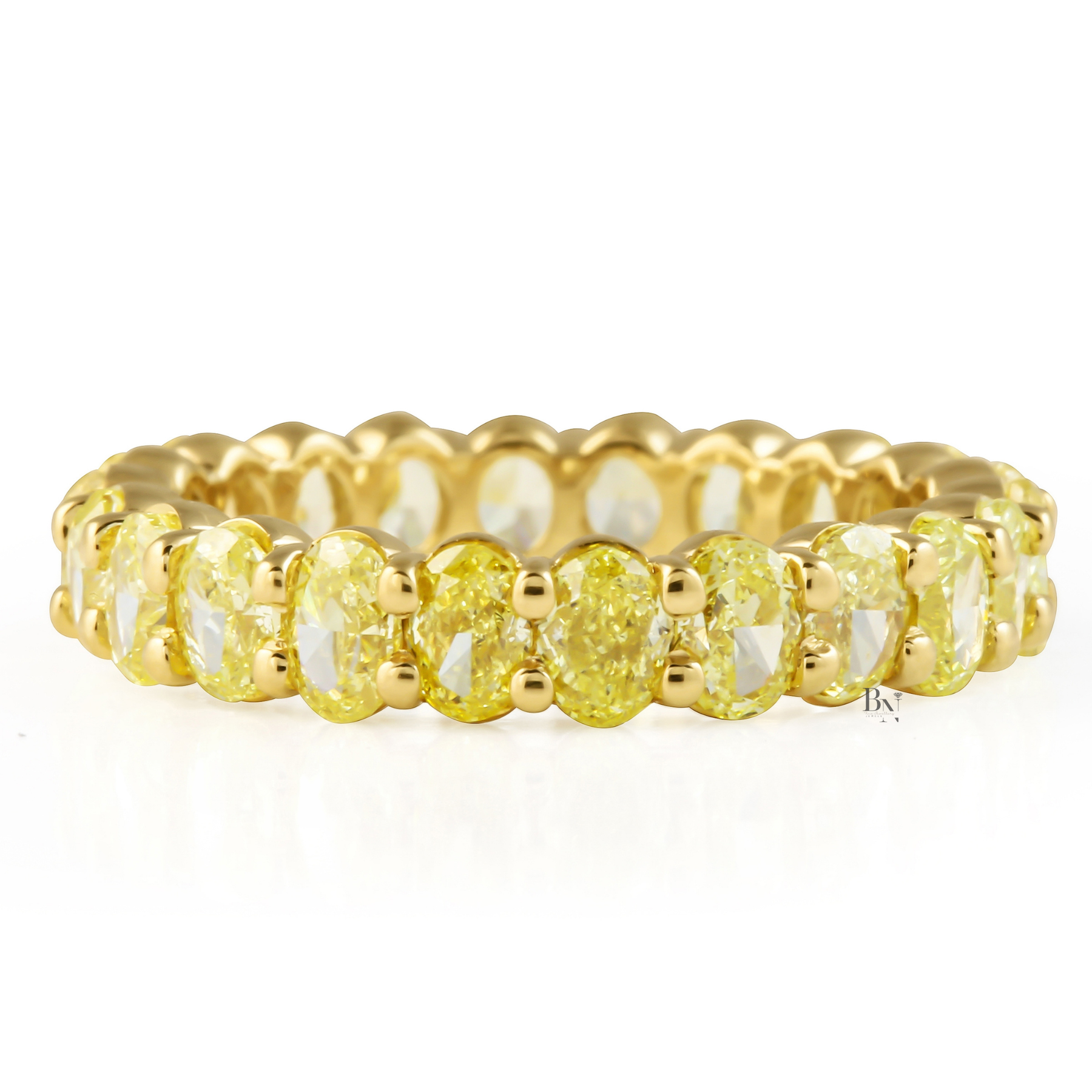 3.54ct Fancy Yellow Diamond Eternity Band, 18K Gold Oval Cut Wedding Ring, 4.05mm Closed Basket