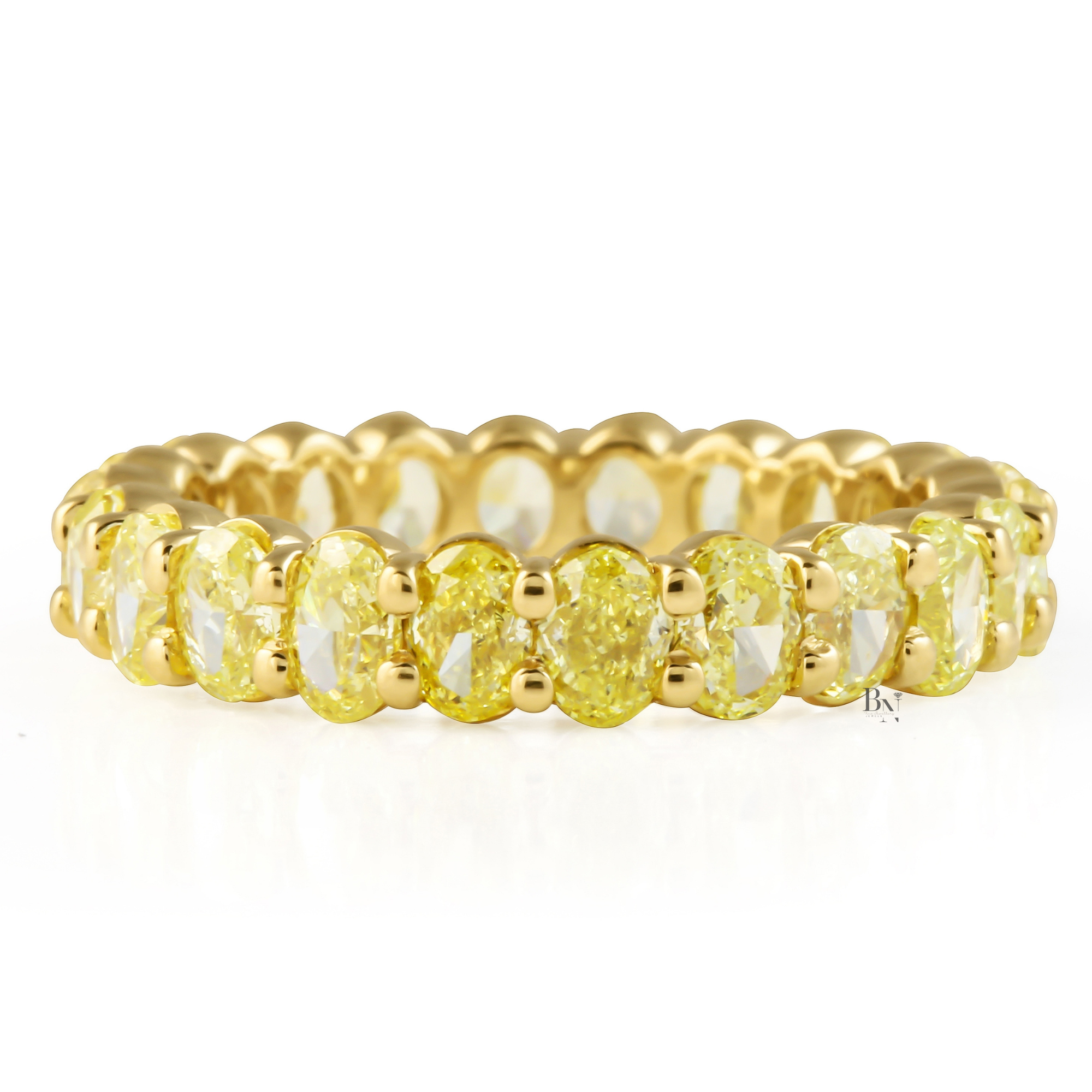 3.54ct Fancy Yellow Diamond Eternity Band, 18K Gold Oval Cut Wedding Ring, 4.05mm Closed Basket