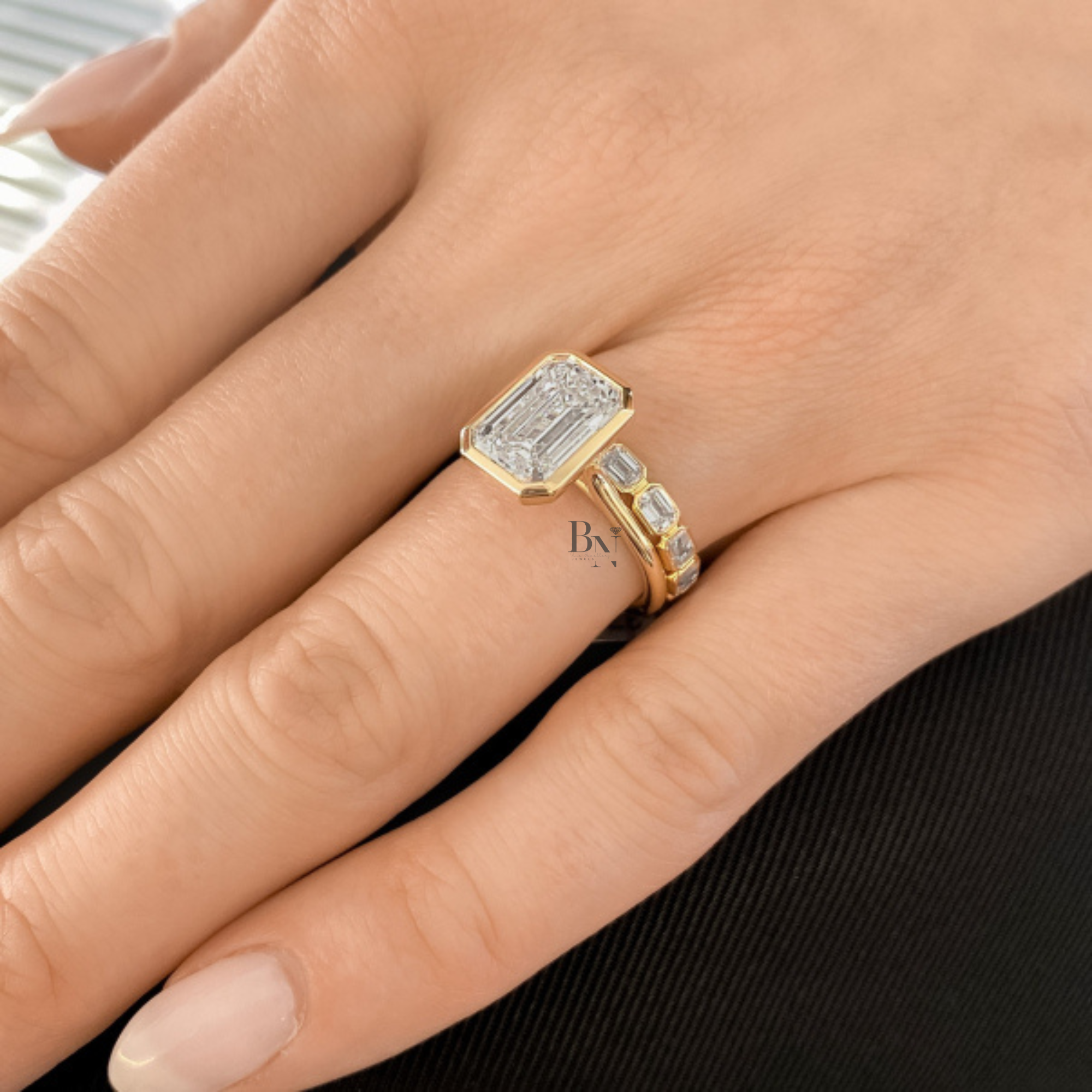 East West Bezel Set Eternity Band, 1.40CT Lab Diamond Wedding Ring, Horizontal Emerald Cut Band