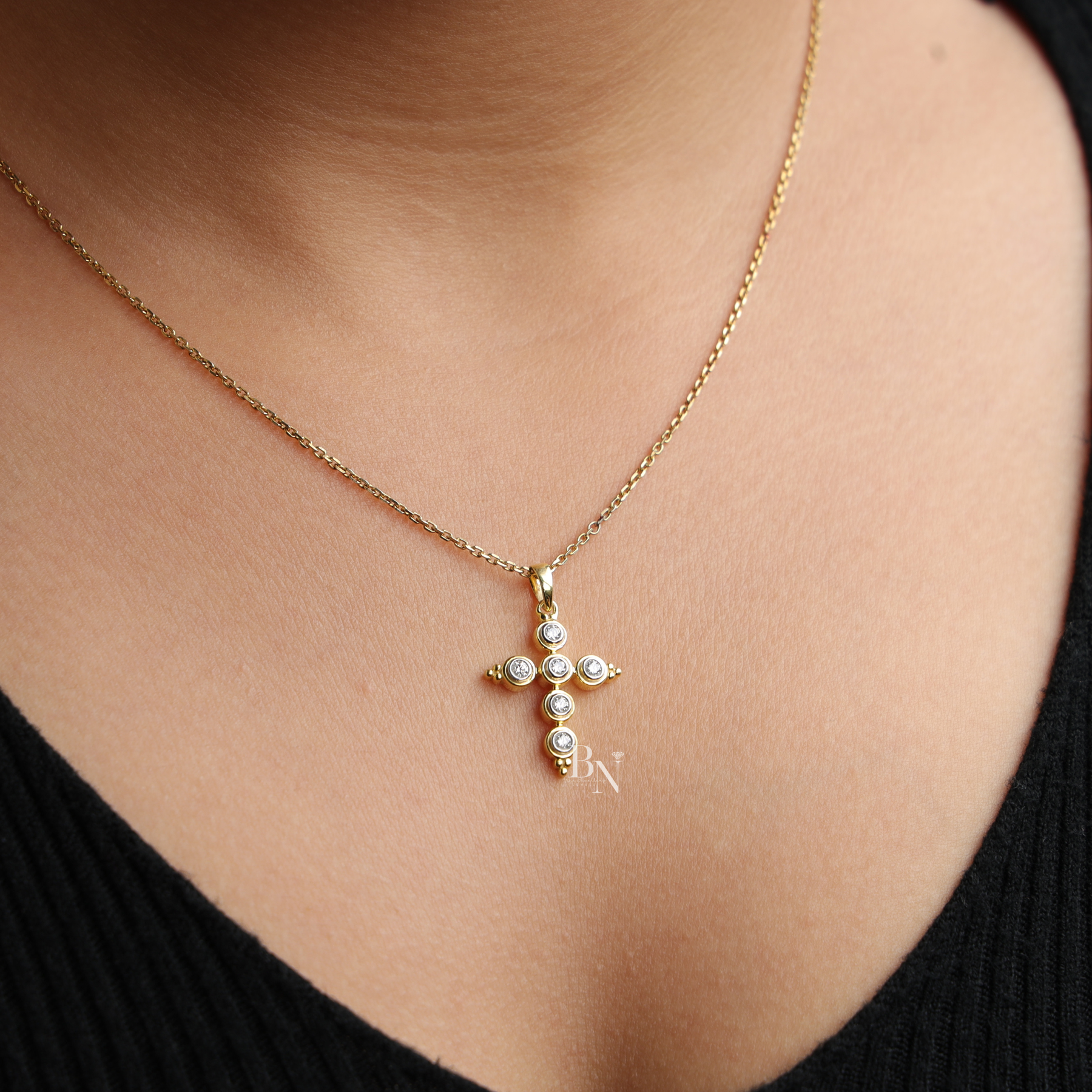 0.30ct Lab Grown Diamond Cross Necklace, Round Bezel Set Pendant, Dainty Religious Layering Jewelry