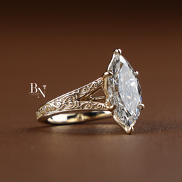 3ct Marquise Cut Lab Grown Diamond Engagement Ring, Vintage Filigree Yellow Gold Solitaire Ring