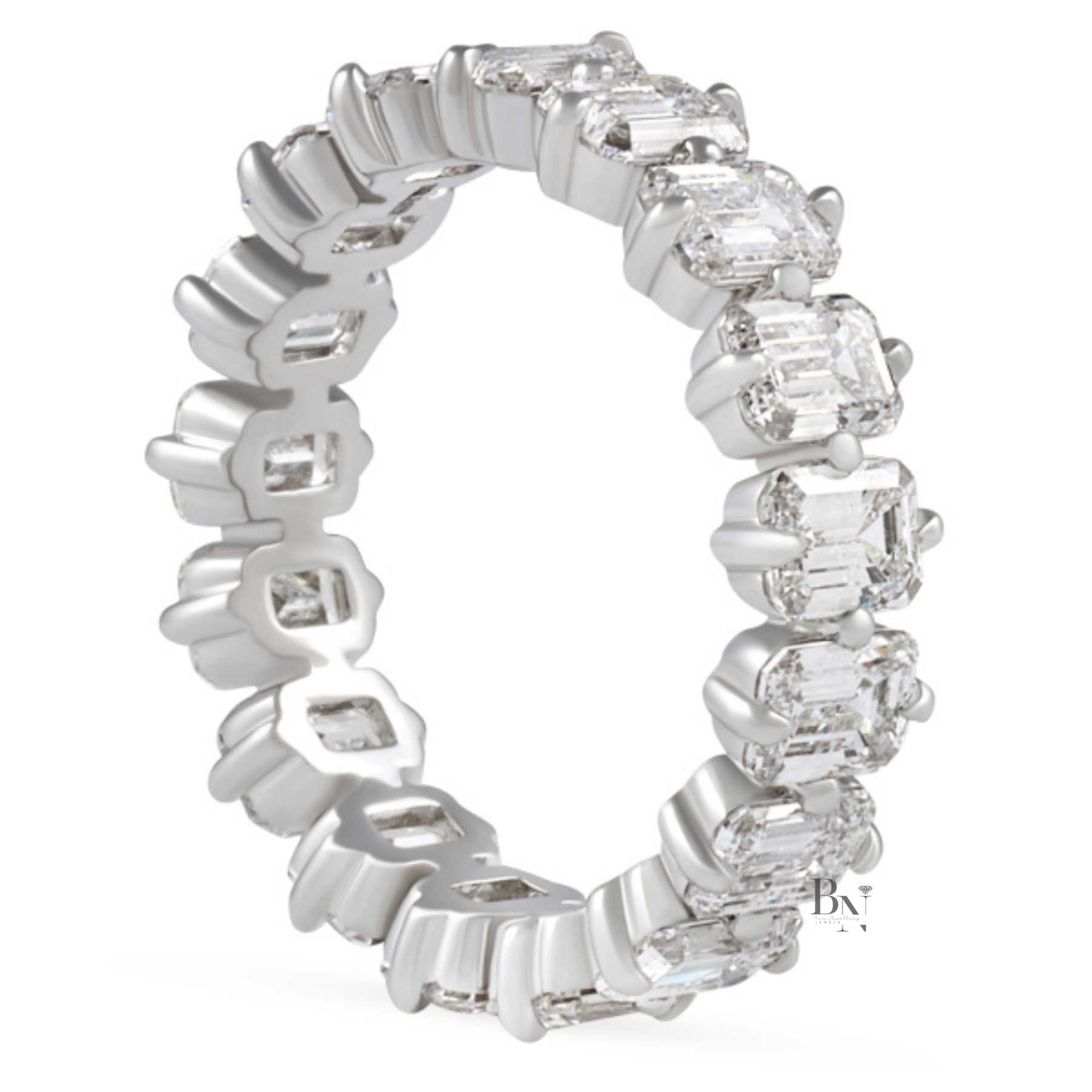 4CTW Emerald Cut Lab Diamond Eternity Band, Compass Prong Wedding Ring, 14K Gold 5.3mm Band