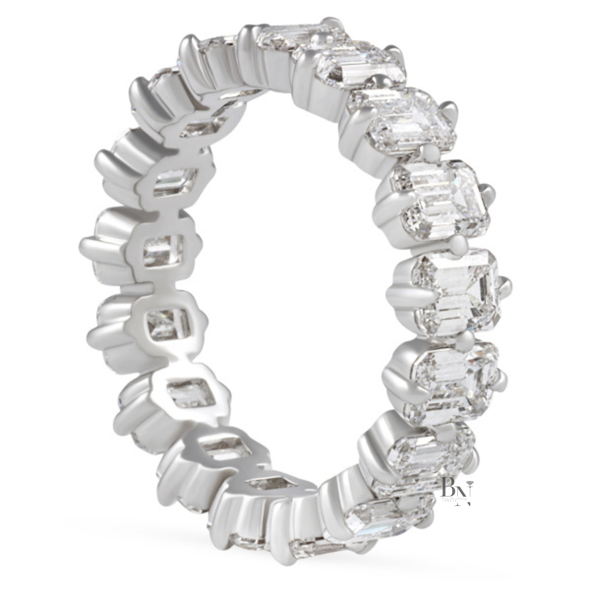 4CTW Emerald Cut Lab Diamond Eternity Band, Compass Prong Wedding Ring, 14K Gold 5.3mm Band