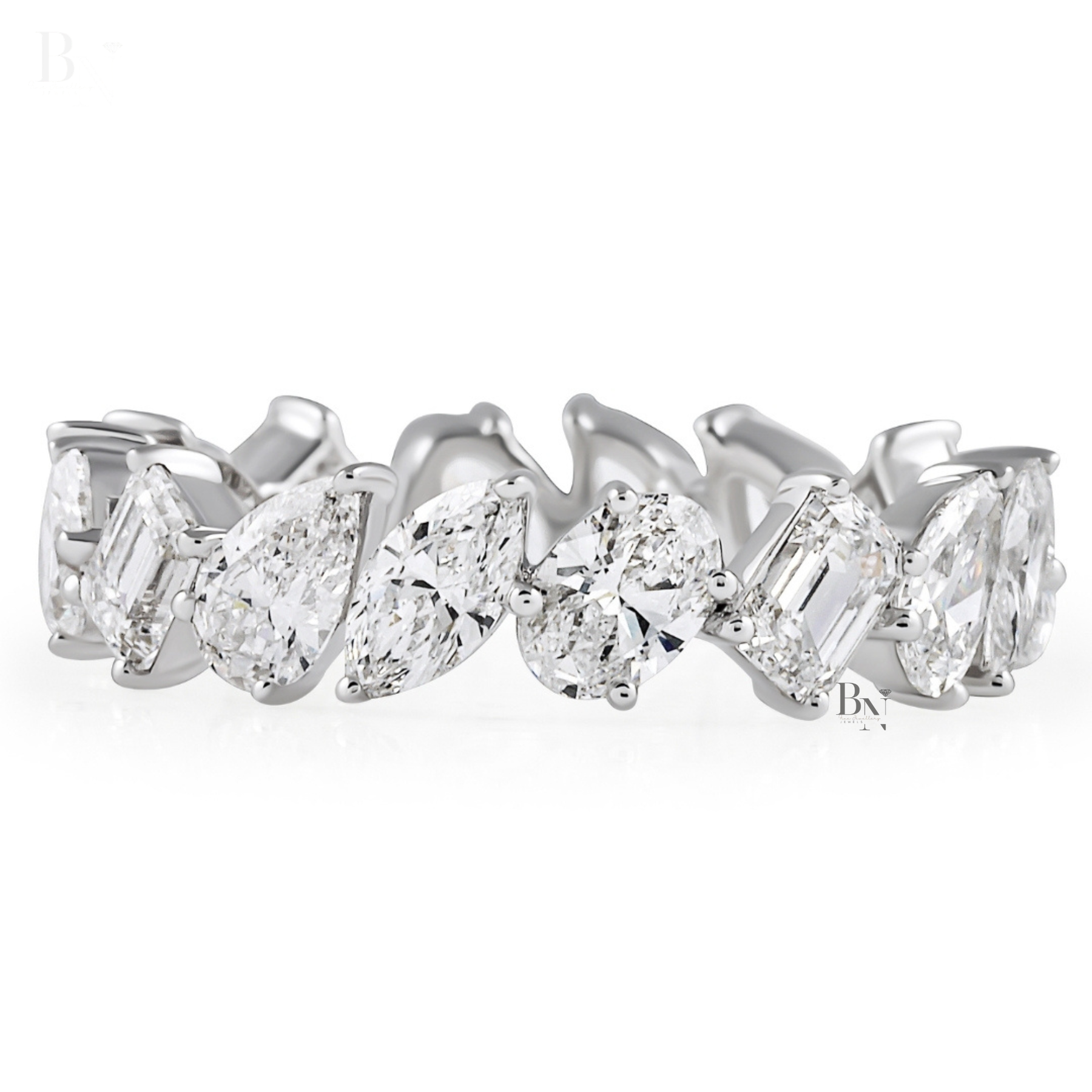 3.20ct Multi Shape Lab Grown Diamond Eternity Band, Mixed Cut Slanted Wedding Ring, 5mm