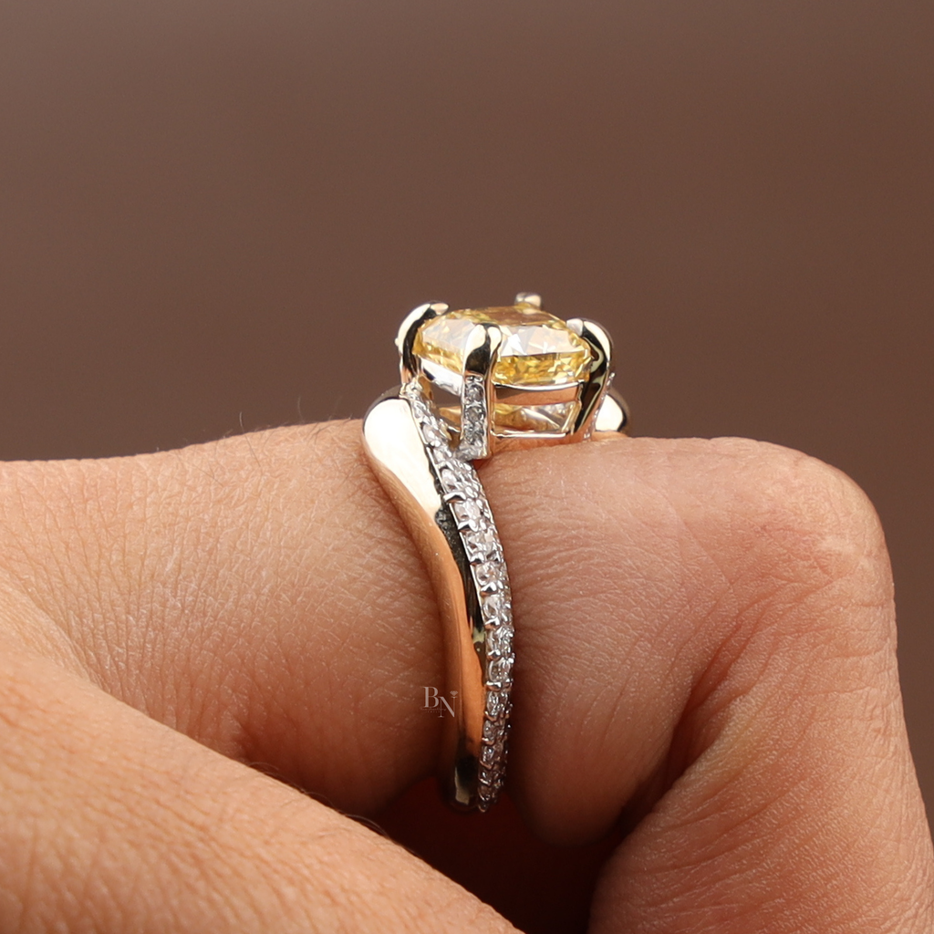 2ct Cushion Cut Fancy Yellow Lab Grown Diamond Engagement Ring | 14K Yellow Gold | Bypass Pavé Band | IGI Certified |