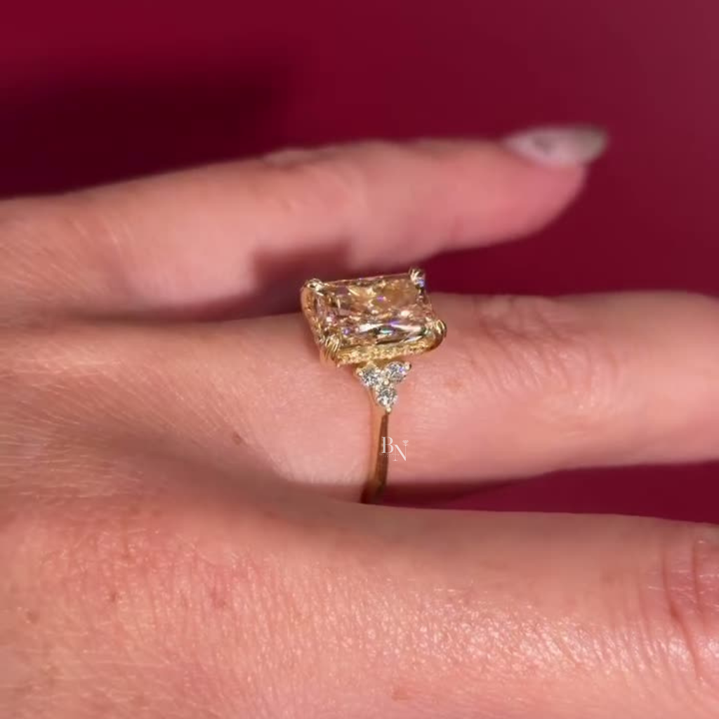 3ct Fancy Yellow Radiant Cut Lab Grown Diamond Engagement Ring | 14K Gold Hidden Halo | Yellow Diamond Three Stone Ring |