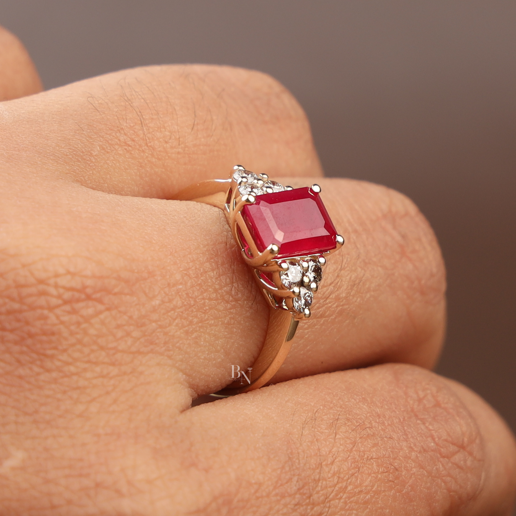 2ct Emerald Cut Red Lab Grown Diamond Engagement Ring | Hidden Halo Triple Cluster 14K Yellow Gold