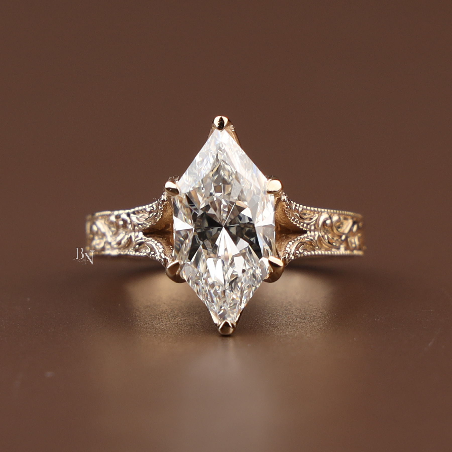 3ct Dutch Marquise Lab Grown Diamond Engagement Ring | Vintage Engraved Band 14K Yellow Gold