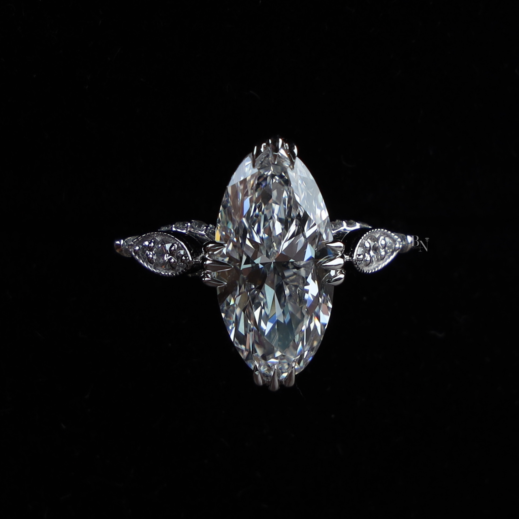 3ct Moval Cut Lab Grown Diamond Engagement Ring | Vintage Milgrain Navette Art Deco 14K White Gold