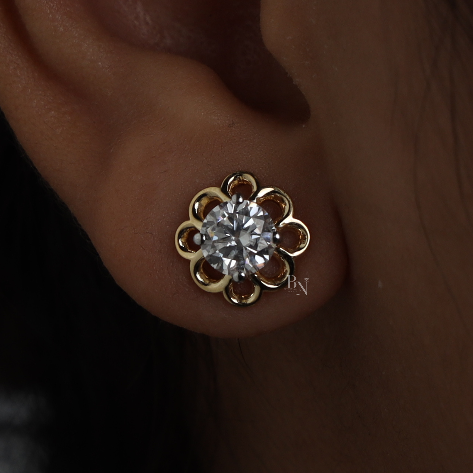 2ctw Round Lab Diamond Stud Earrings | Floral Gold Flower Studs | Ethical Diamond Fine Jewelry | Anniversary Gift for Her | Luxury Earrings