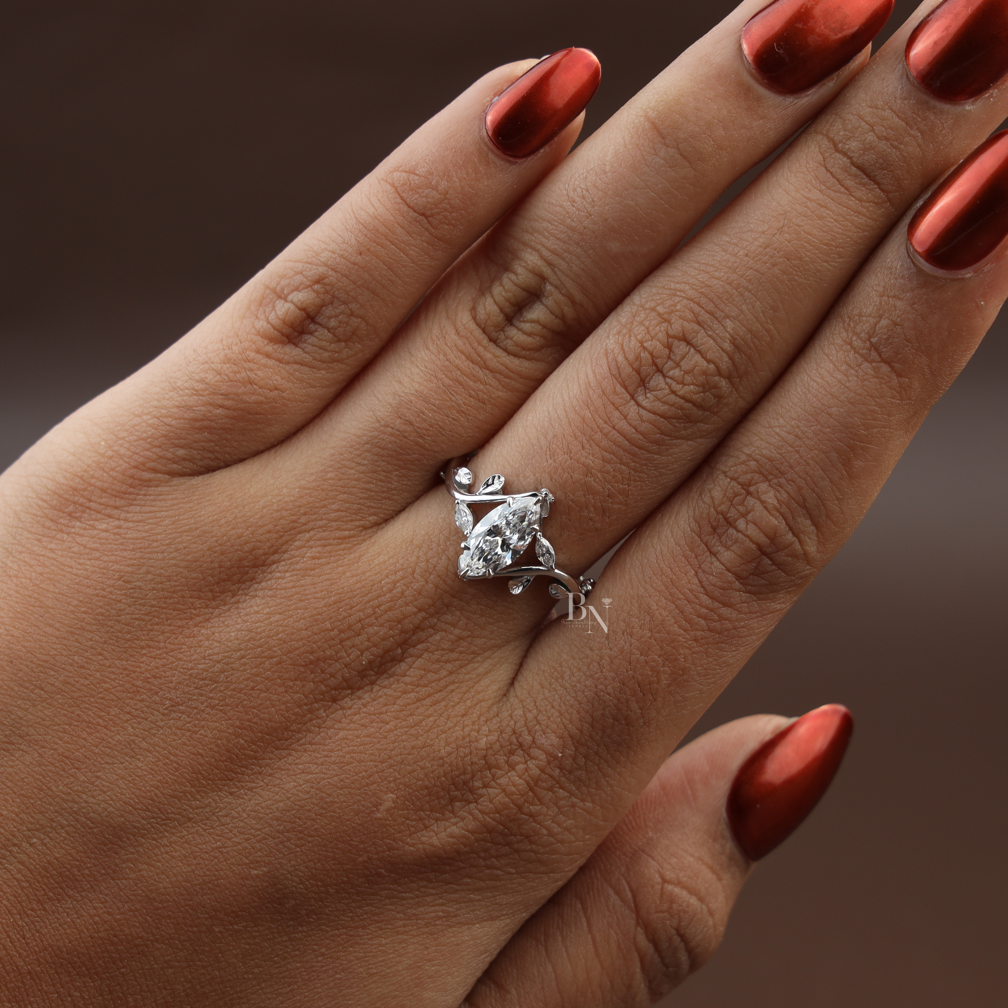 1ct Marquise Lab Diamond Engagement Ring | Nature Vine Leaf Setting | 14k White Gold Bridal Ring | Marquise Cut Anniversary Gift for Her