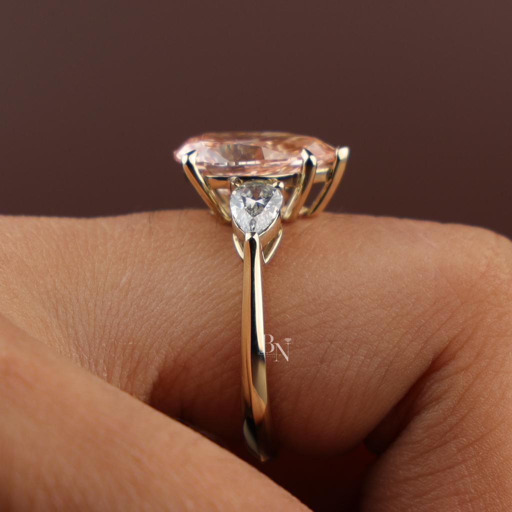 3ct Fancy Pink Pear Cut Lab Grown Diamond Engagement Ring | 14K Yellow Gold 3 Stone Ring | Tapered Bridal Wedding Fine Jewelry
