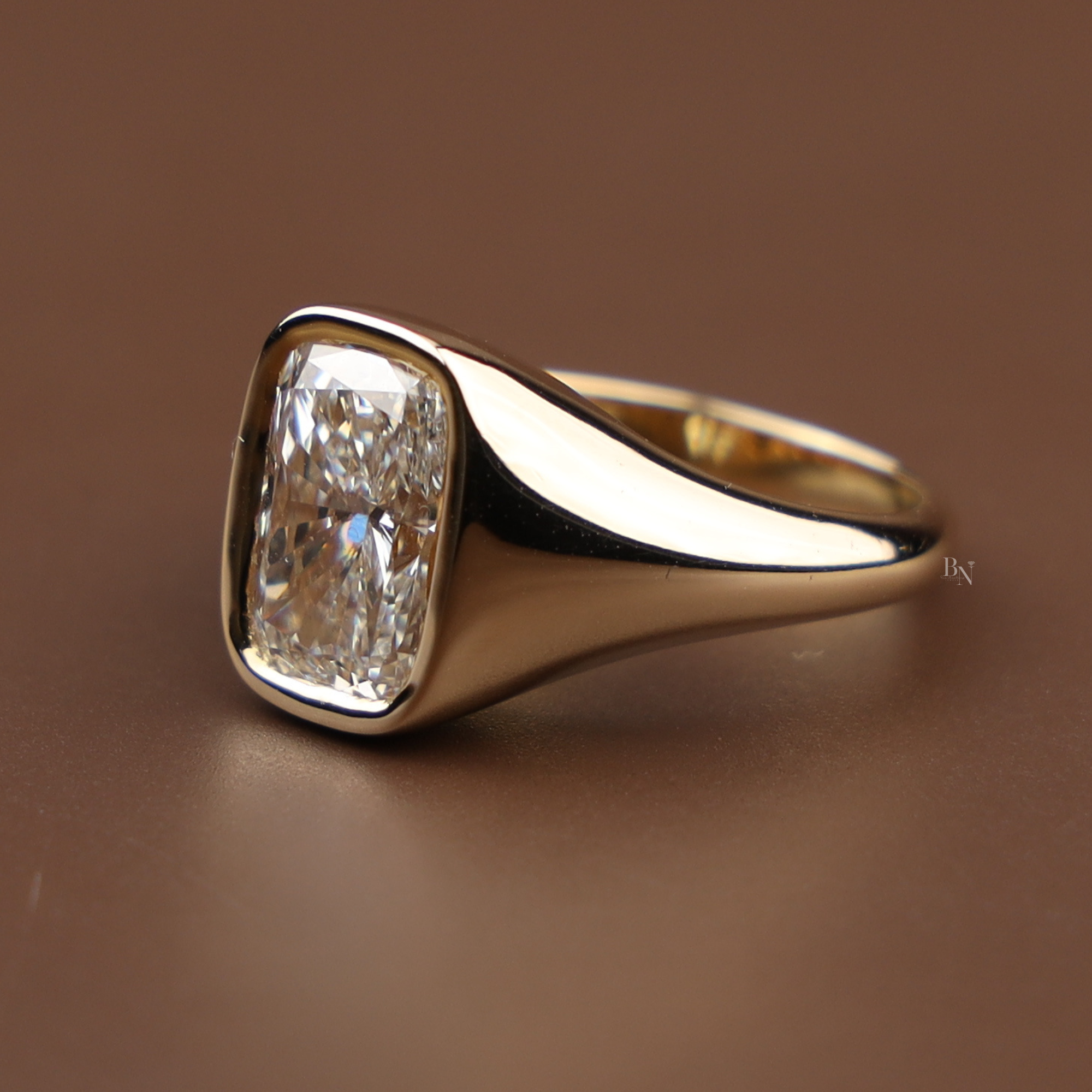 3ct Cushion Cut Lab Grown Diamond Engagement Ring | 14K Yellow Gold Bezel Set Signet Ring | IGI Certified Type IIa Diamond | Modern Bridal