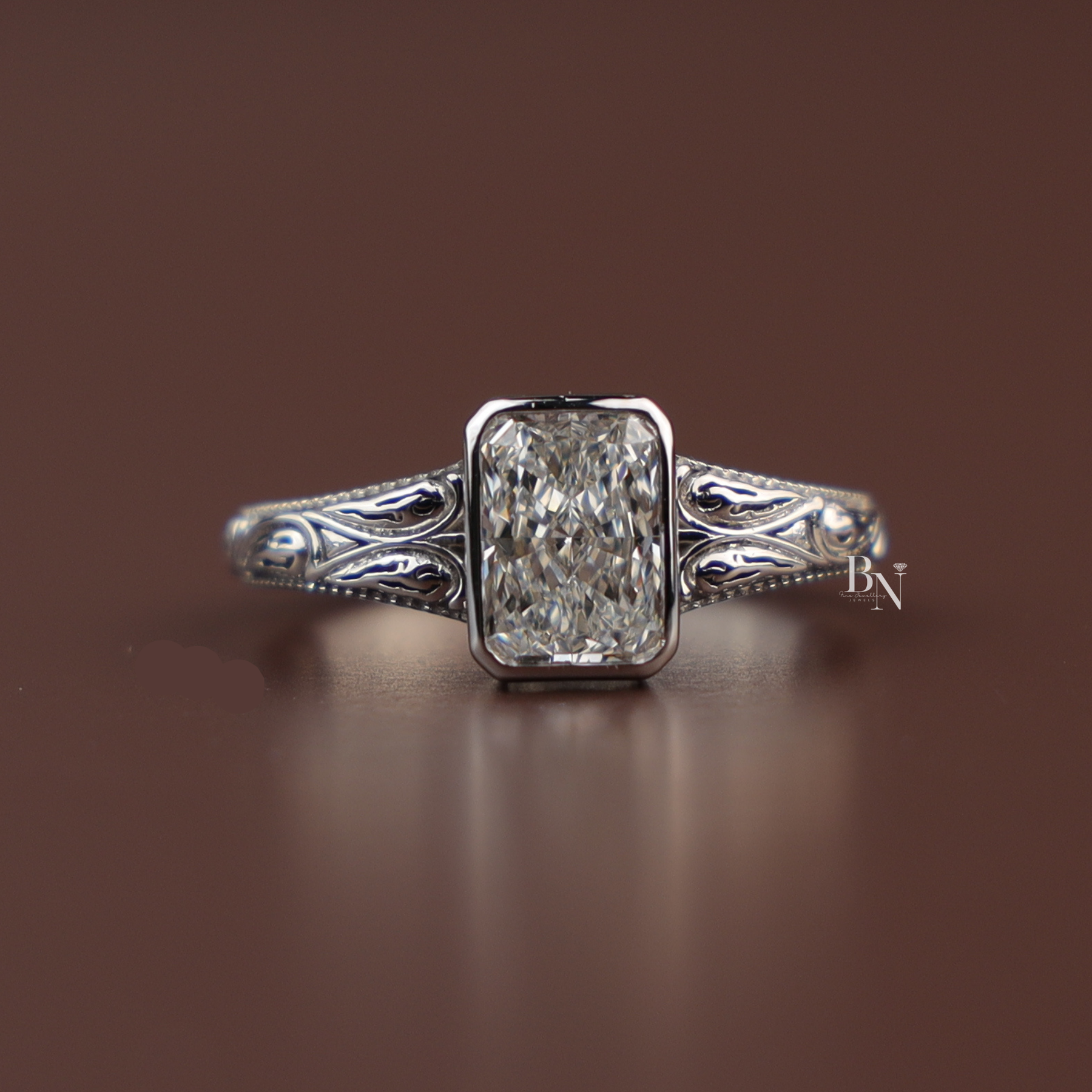 1.5ct Radiant Lab Grown Diamond Engagement Ring | Vintage Engraved Bezel Art Deco 14K Gold