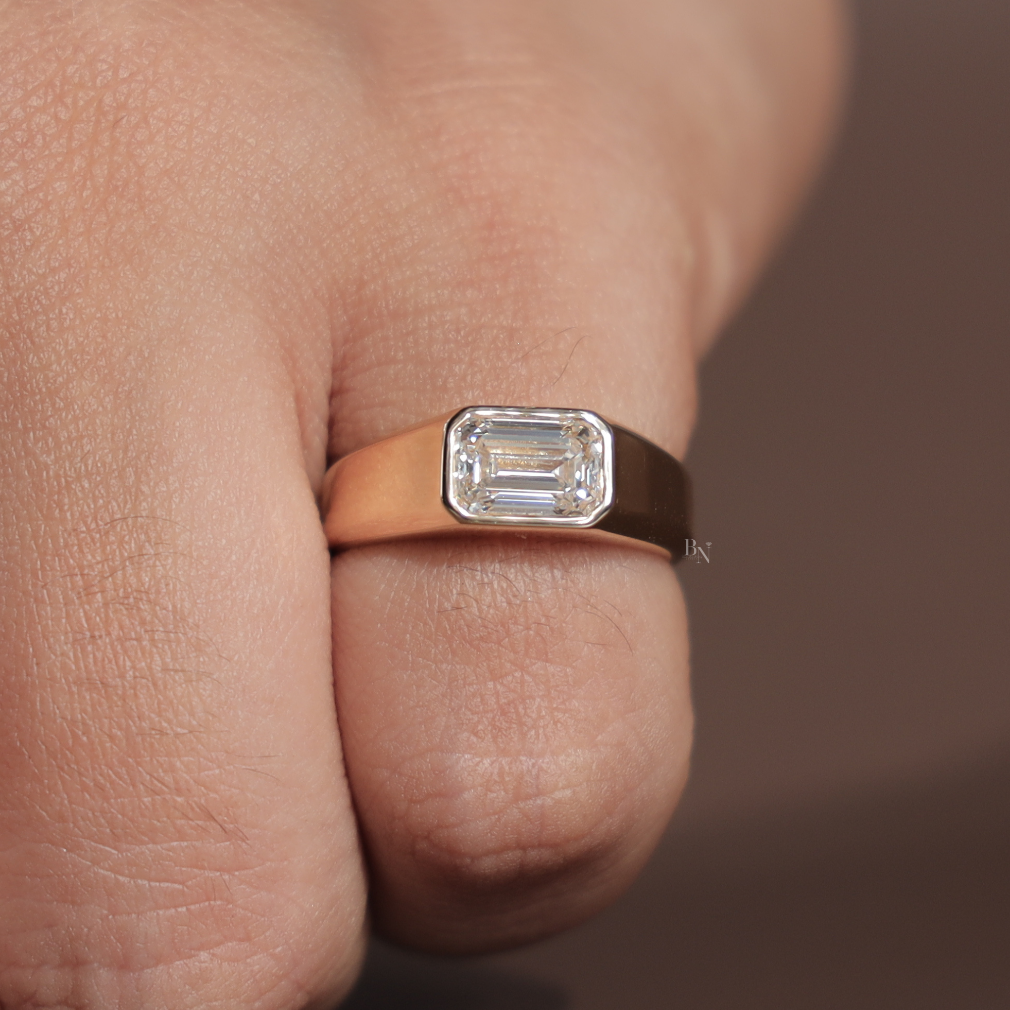 1ct Emerald Cut Lab Grown Diamond Engagement Ring | 14K Yellow Gold Bezel Set Signet Ring | East West Emerald Diamond | IGI Certified |