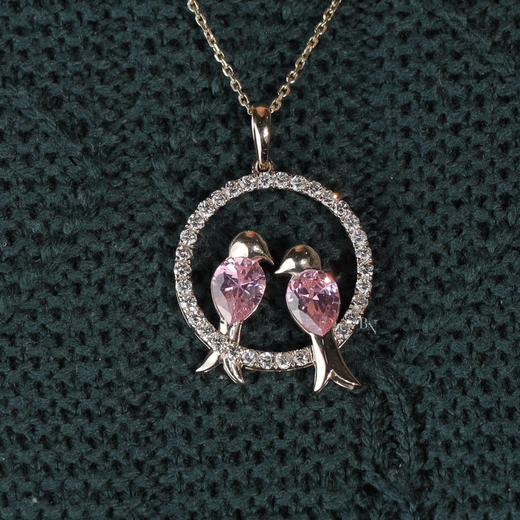 Pink Diamond Love Birds Pendant | Pear Cut Pink Lab Grown Diamond Circle 14K White Gold