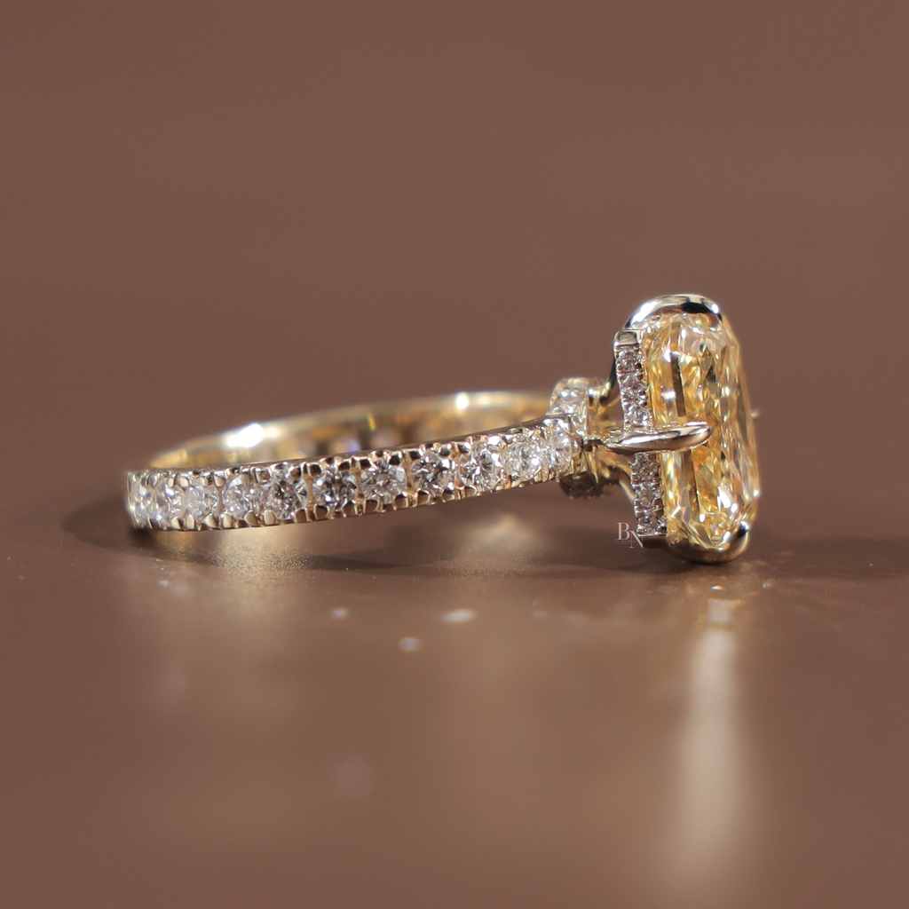 3.5ct Radiant Cut Fancy Yellow Lab Grown Diamond Engagement Ring | Hidden Halo | 14K White Gold Pave Band | IGI Certified Canary Diamond