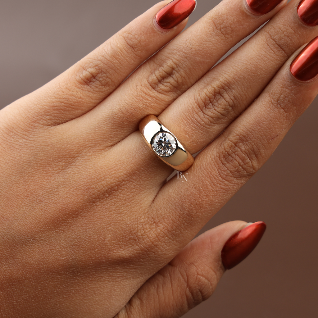 1.5ct Round Lab Grown Diamond Engagement Ring | Bezel Set Solitaire | 14K Yellow Gold Wide Band | IGI Certified |