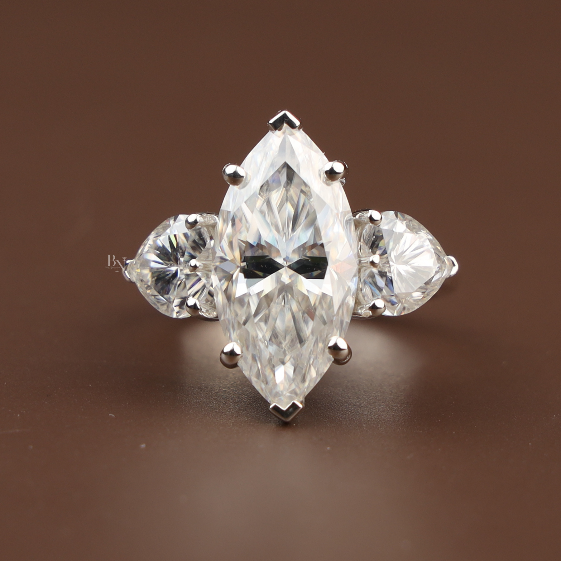 5.50ct Marquise Lab Grown Diamond Engagement Ring | Heart Side Stones Three Stone 14K White Gold