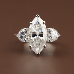 5.50ct Marquise Lab Grown Diamond Engagement Ring | Heart Side Stones Three Stone 14K White Gold