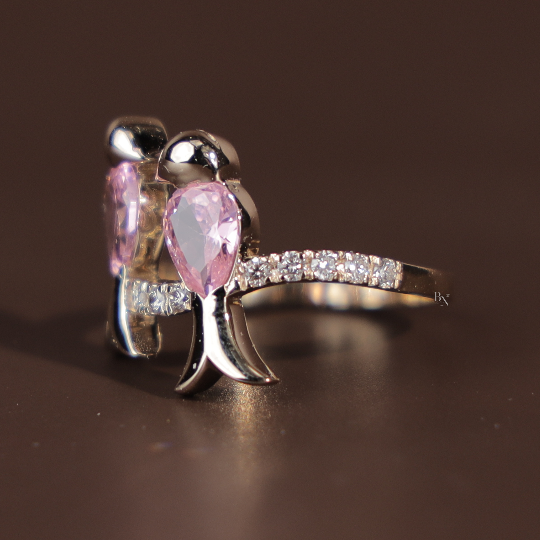Pink Diamond Toi et Moi Bird Ring | Pear Cut Pink Lab Grown Diamond 14K Gold