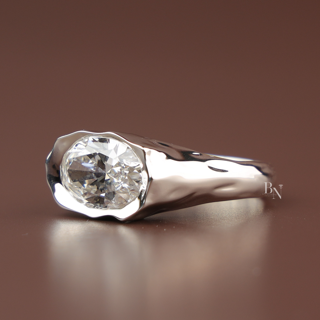 3ct Oval Lab Diamond Molten Bezel Ring, Platinum Heavy Signet Engagement Ring, Unique Chunky Wedding Ring, Asymmetric Bridal Jewelry