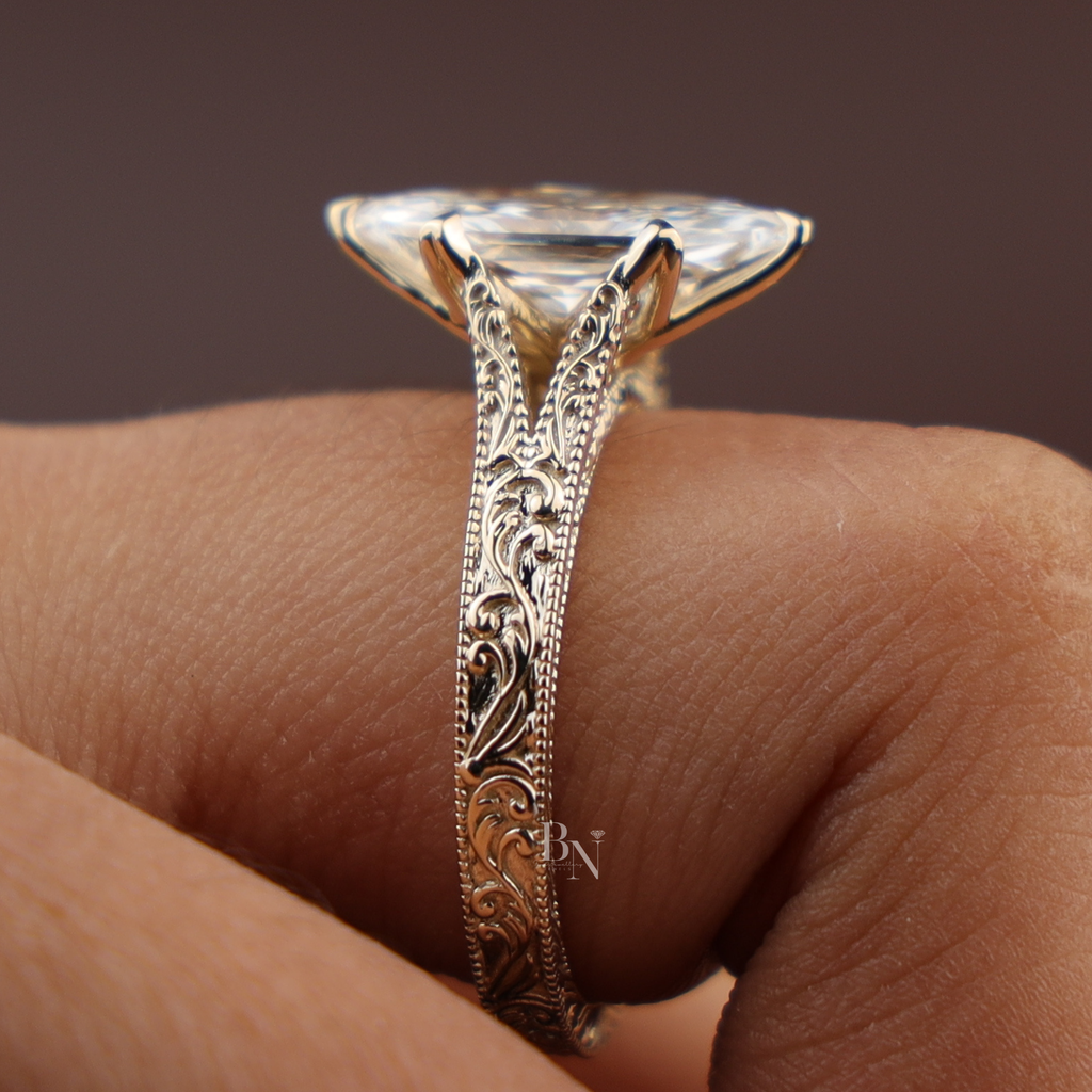 3ct Dutch Marquise Lab Grown Diamond Engagement Ring | Vintage Engraved 14k Yellow Gold Band | Solitaire Marquise Ring |