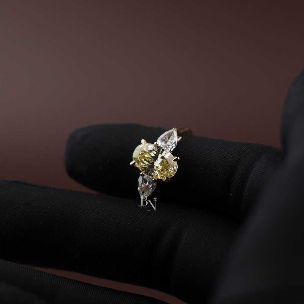 2ct Fancy Yellow Oval Lab Grown Diamond Engagement Ring | 14K Yellow Gold Three Stone Ring | Pear Cut