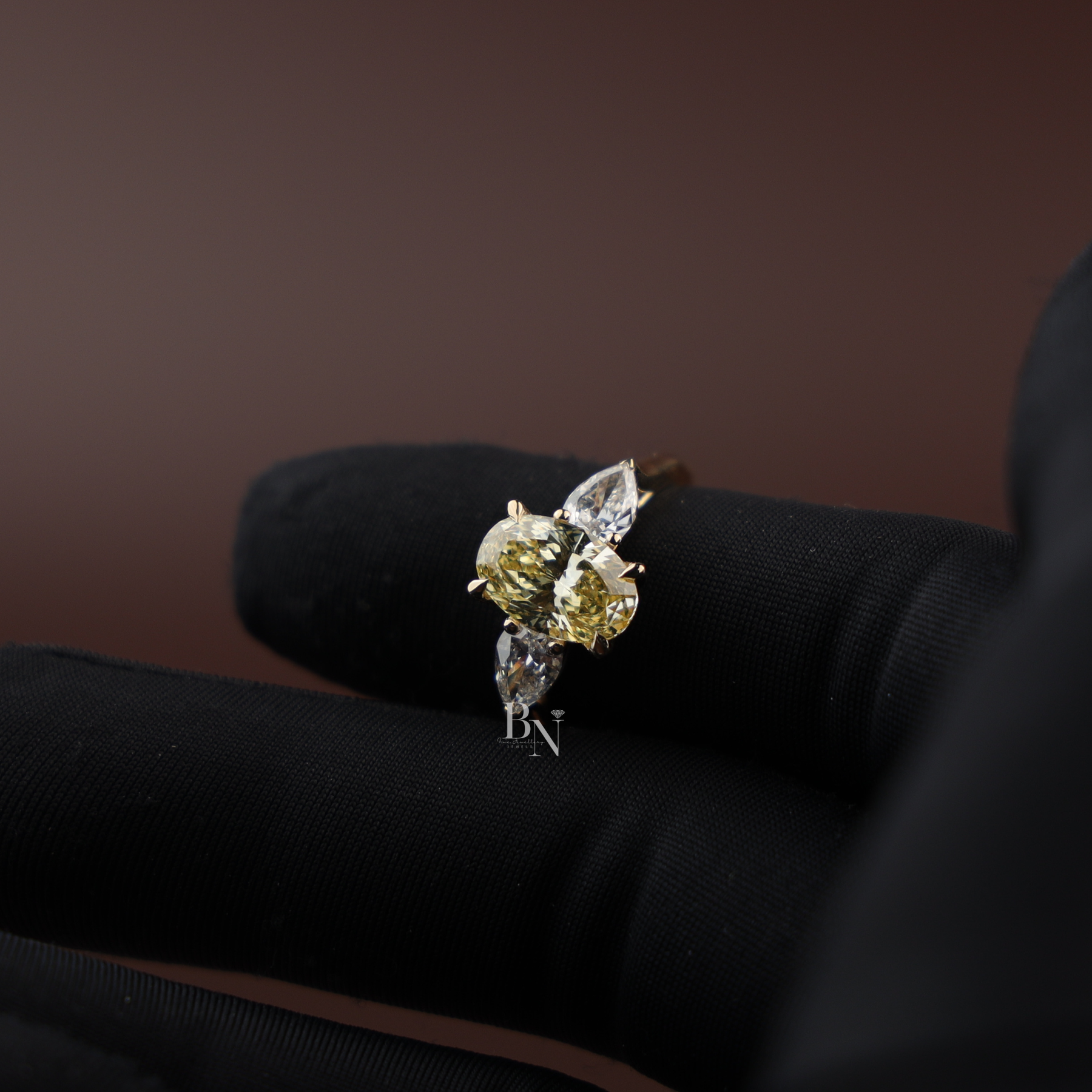 2ct Fancy Yellow Oval Lab Grown Diamond Engagement Ring | Three Stone Pear Cut 14K Yellow Gold