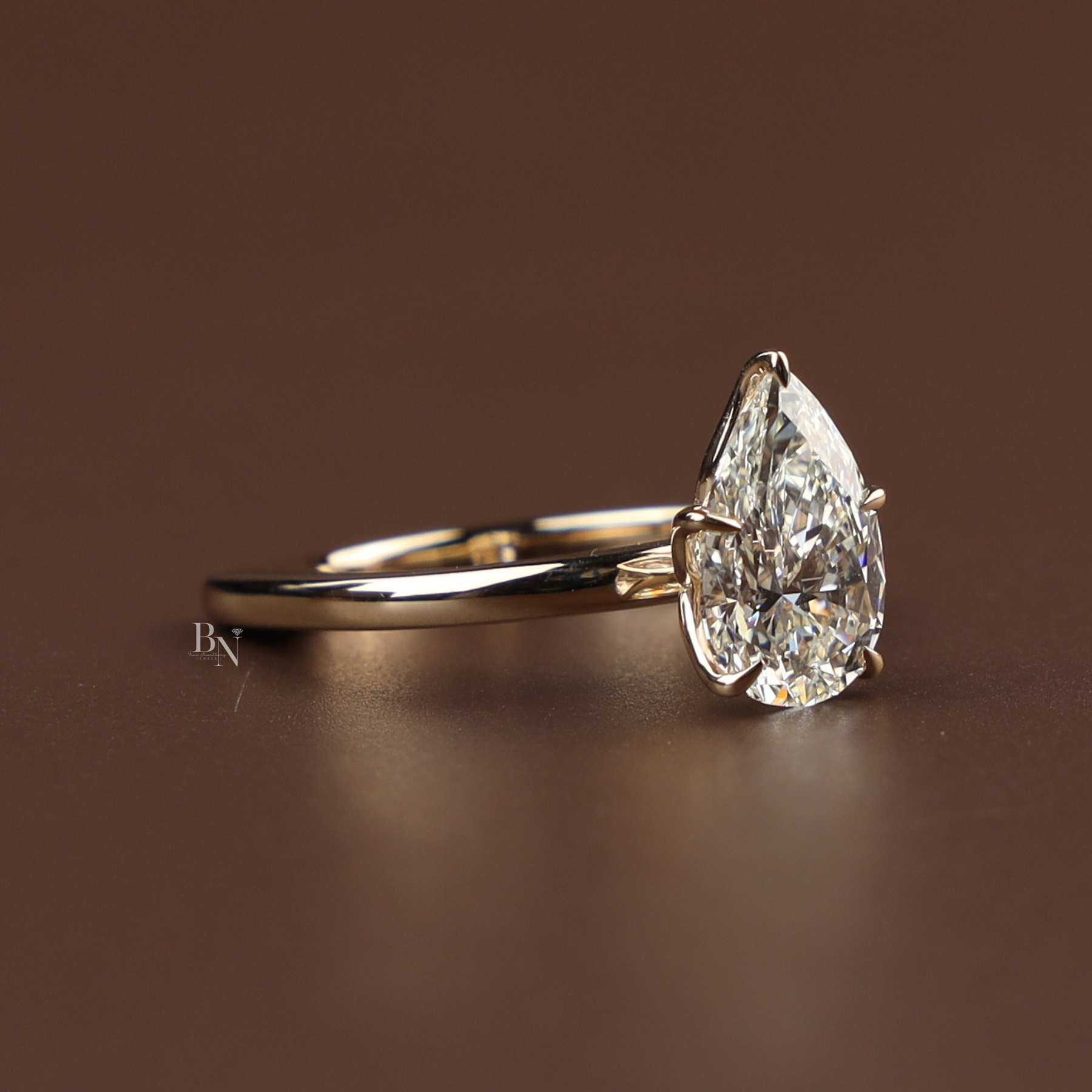 2ct Pear Cut Lab Grown Diamond Engagement Ring | Lotus Solitaire 14K Yellow Gold