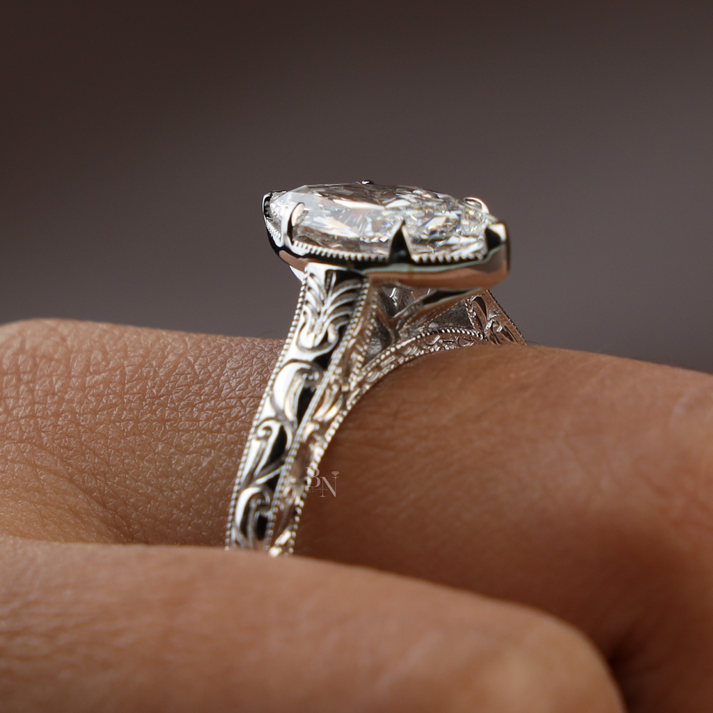 3ct Marquise Lab Diamond Engagement Ring | Vintage Art Deco Style | Engraved Antique Band | Milgrain Setting |Unique Proposal Ring