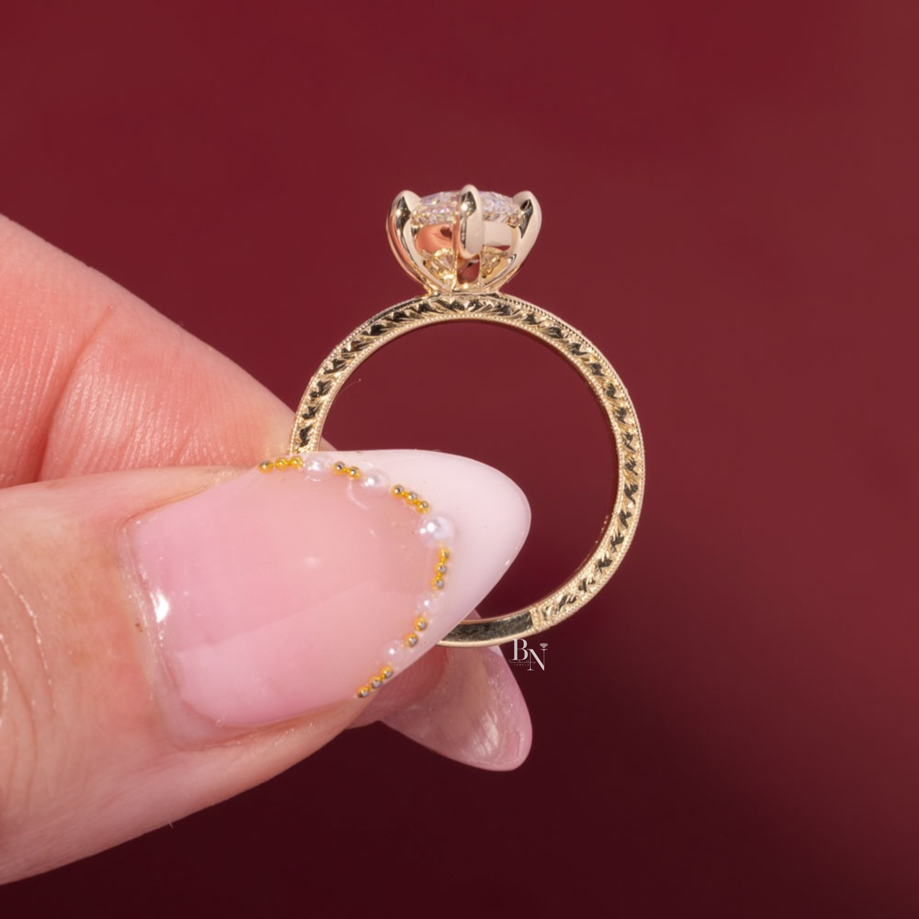 3ct Marquise Lab Grown Diamond Engagement Ring | Vintage Hand Engraved Art Deco Band 14K Yellow Gold