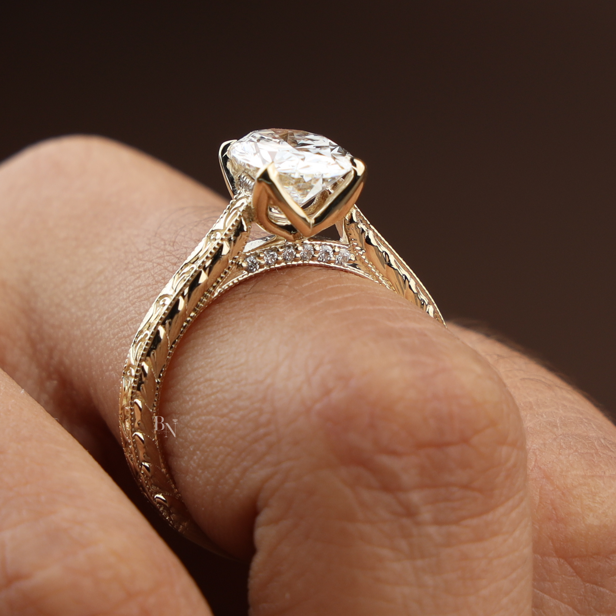 2ct Oval Lab Grown Diamond Engagement Ring | 14K Yellow Gold Vintage Hand Engraved Band | Hidden Halo Solitaire | Filigree Bridal Jewelry
