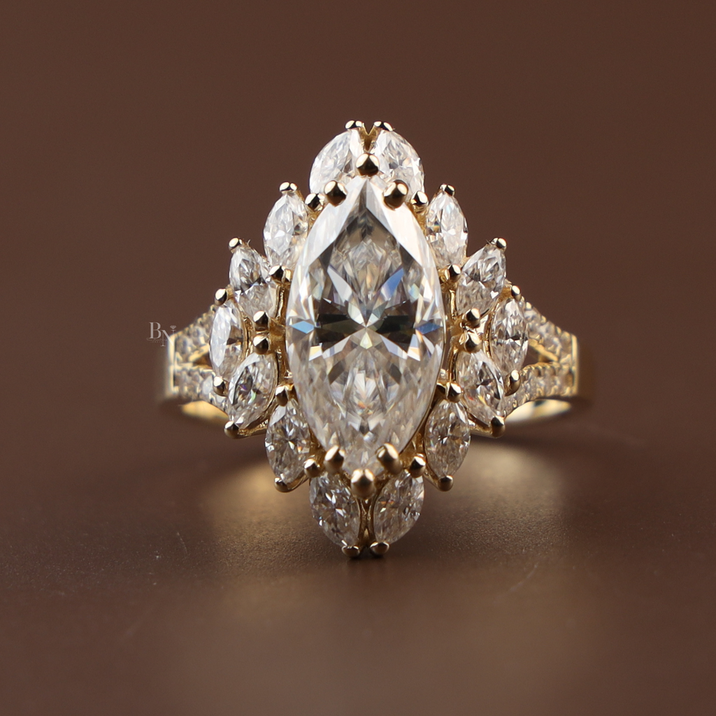 3ct Marquise Lab Diamond Engagement Ring | Marquise Cluster Halo Setting | Split Shank Gold Band | Unique Luxury Wedding Jewelry |