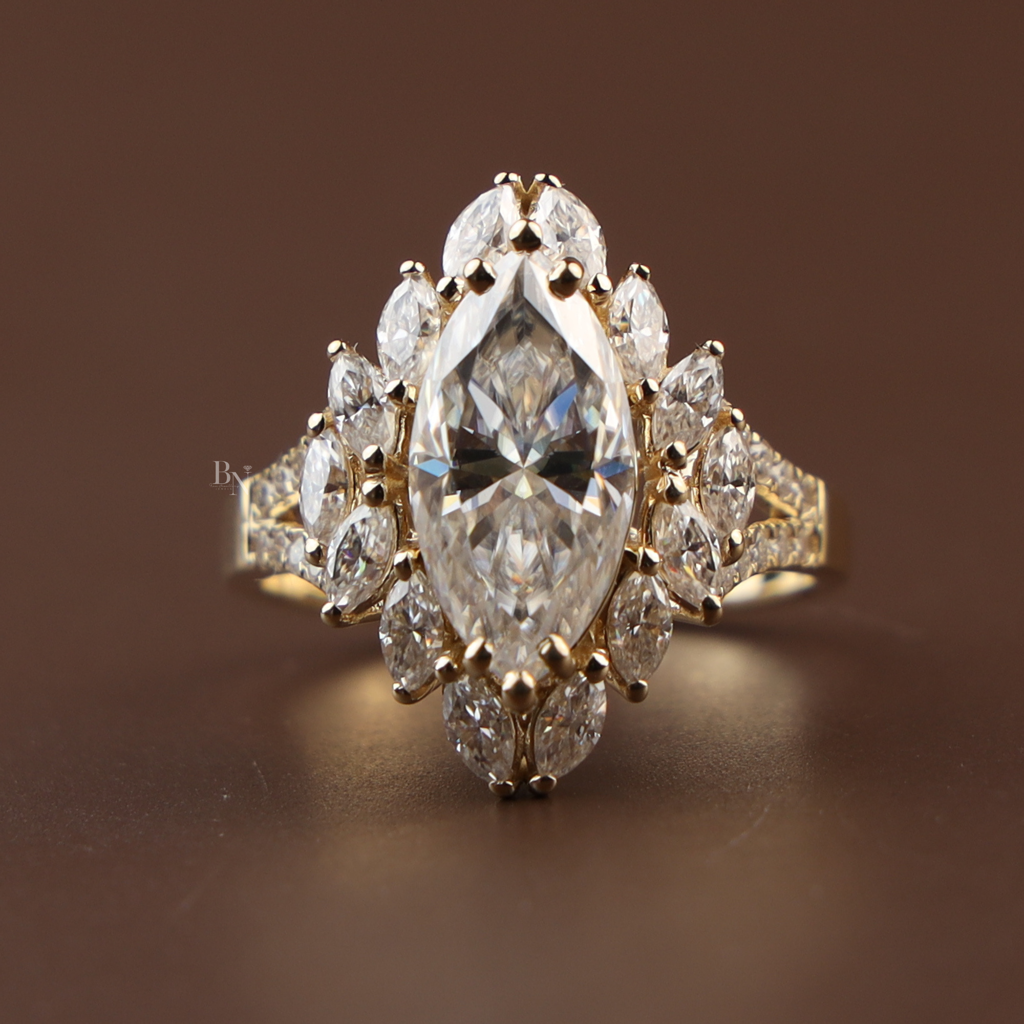 3ct Marquise Lab Diamond Engagement Ring | Marquise Cluster Halo Setting | Split Shank Gold Band | Unique Luxury Wedding Jewelry |