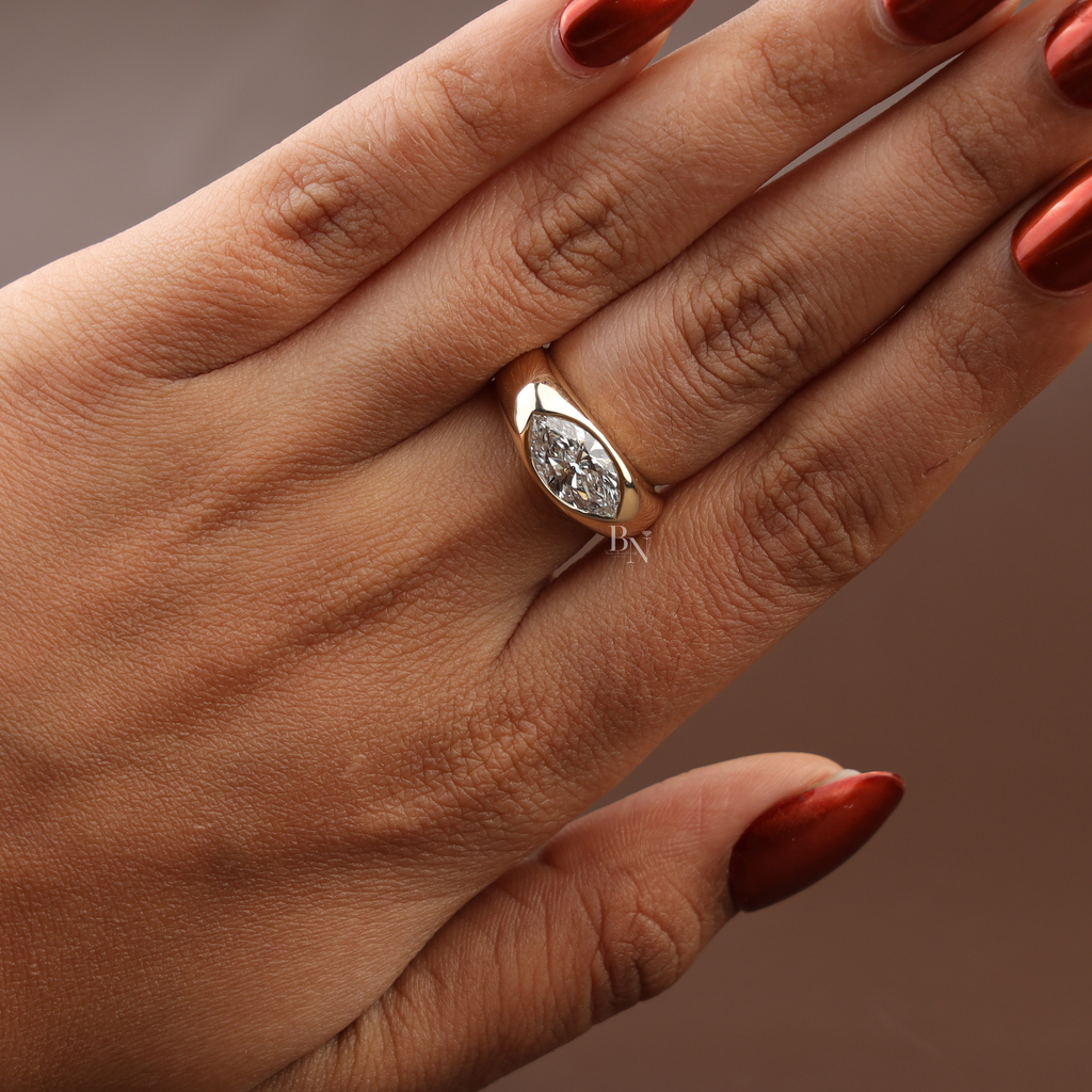 1.5ct Marquise Lab Grown Diamond Engagement Ring | Bezel Set East West Solitaire | 14K Yellow Gold Wide Band | IGI Certified |